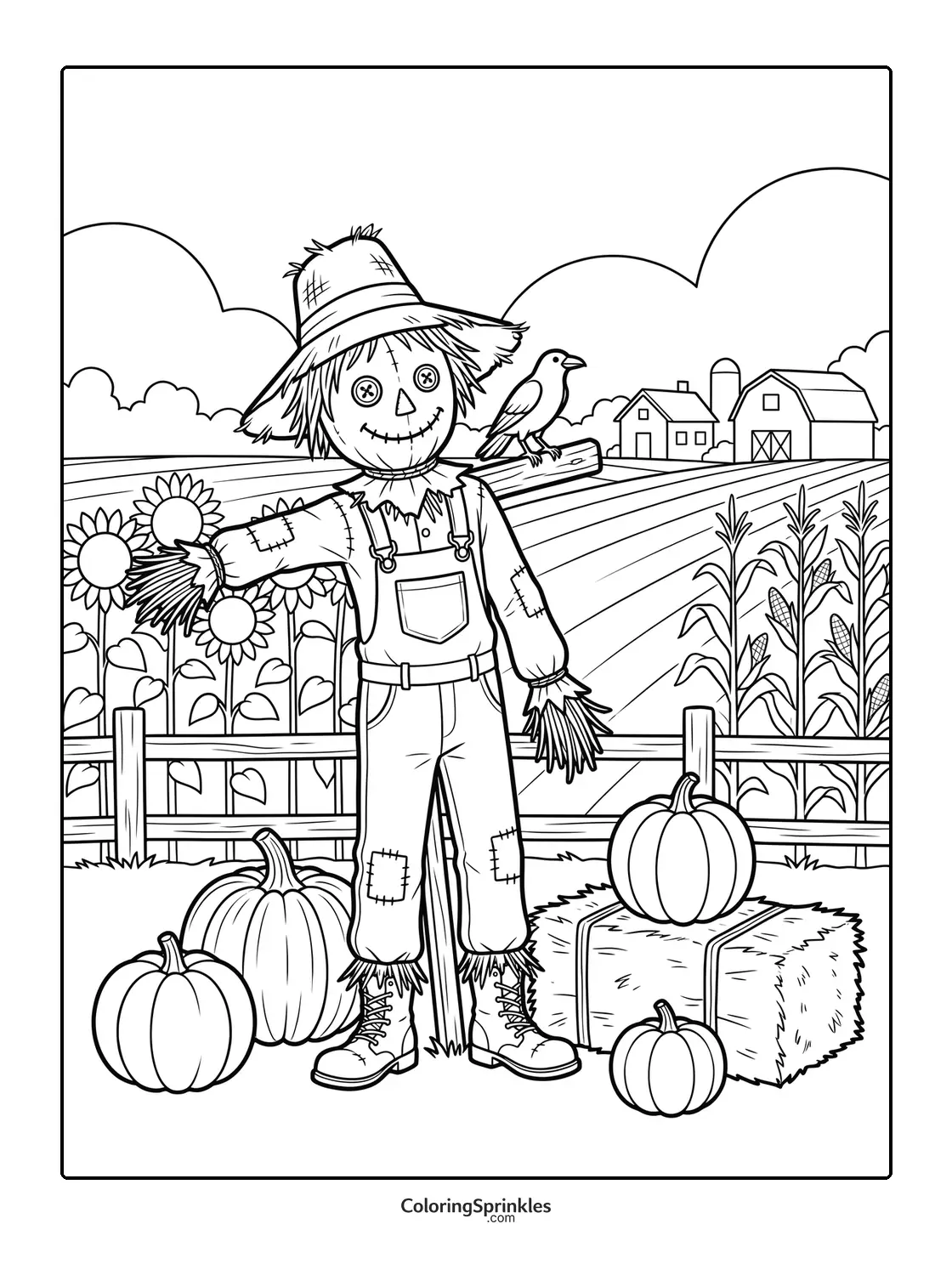 Coloring page of a scarecrow with a bird on its arm in a farm field with pumpkins and hay