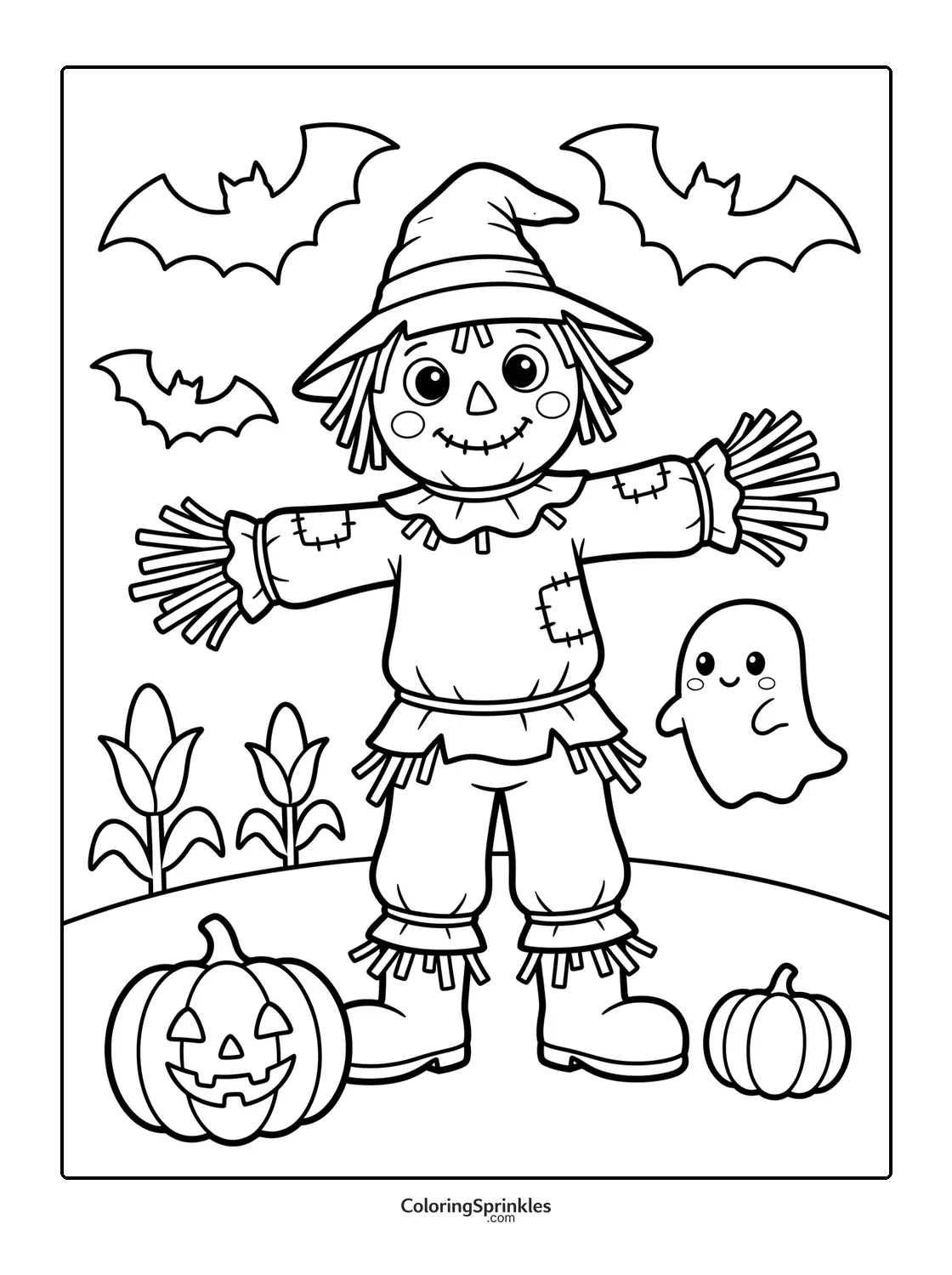 Coloring page of a scarecrow with pumpkins, bats and a ghost