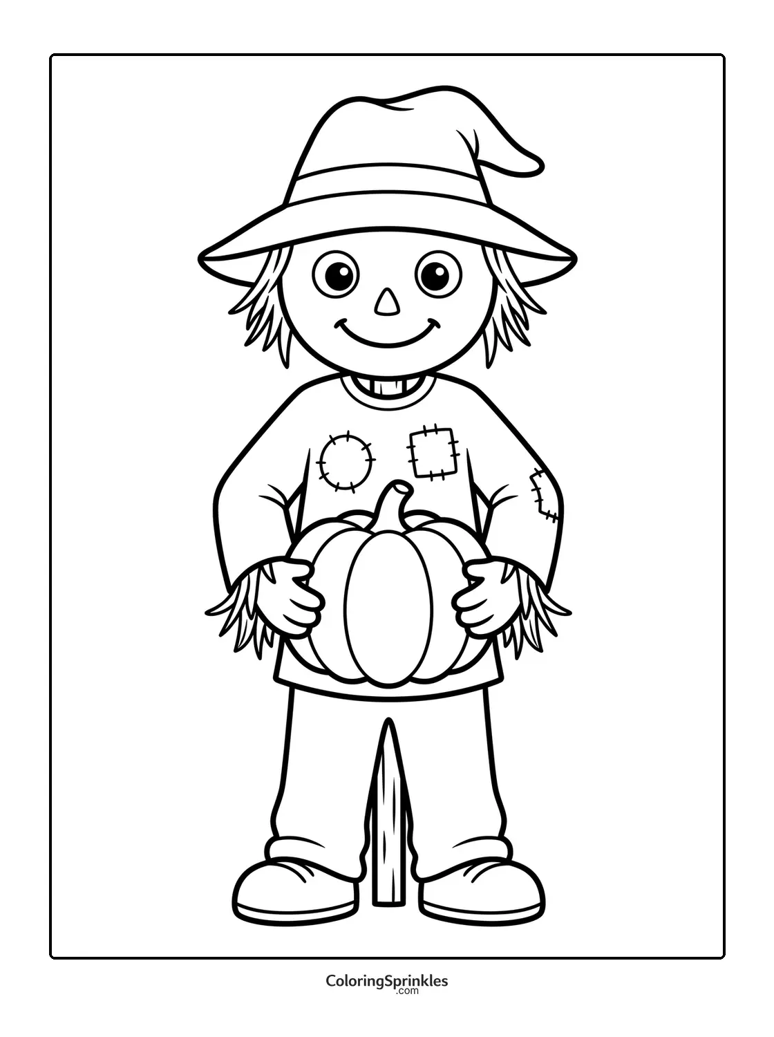 Coloring page of a scarecrow holding a pumpkin for fall harvest