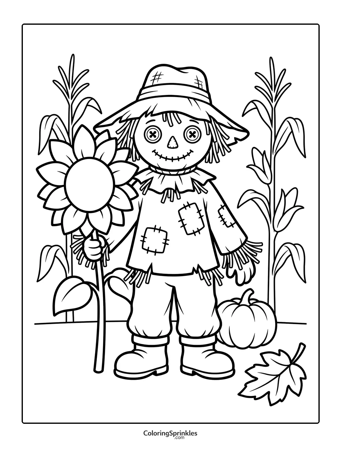 Coloring page of a scarecrow holding a sunflower in a cornfield with a pumpkin and a leaf