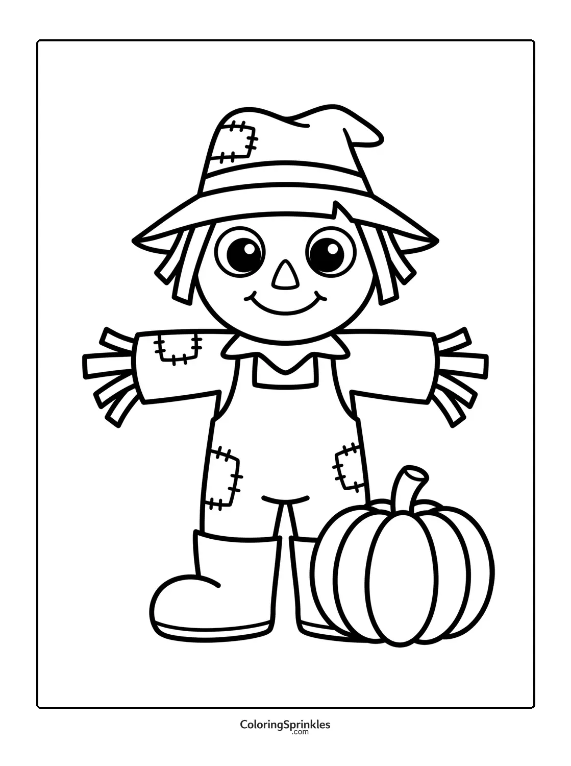 Coloring page of a scarecrow with patchy overalls and a pumpkin