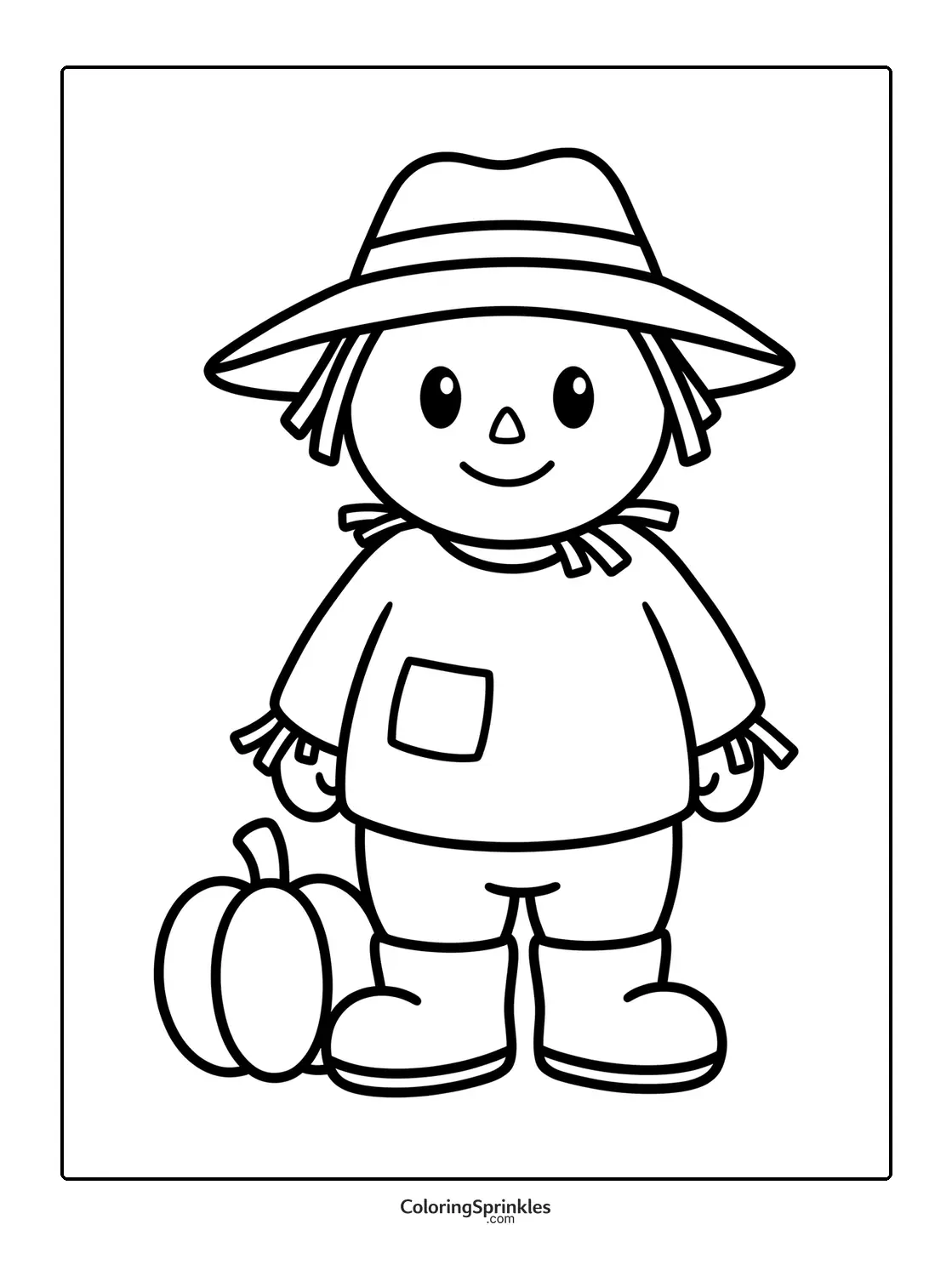 Coloring page of a scarecrow with a hat and boots standing next to a pumpkin