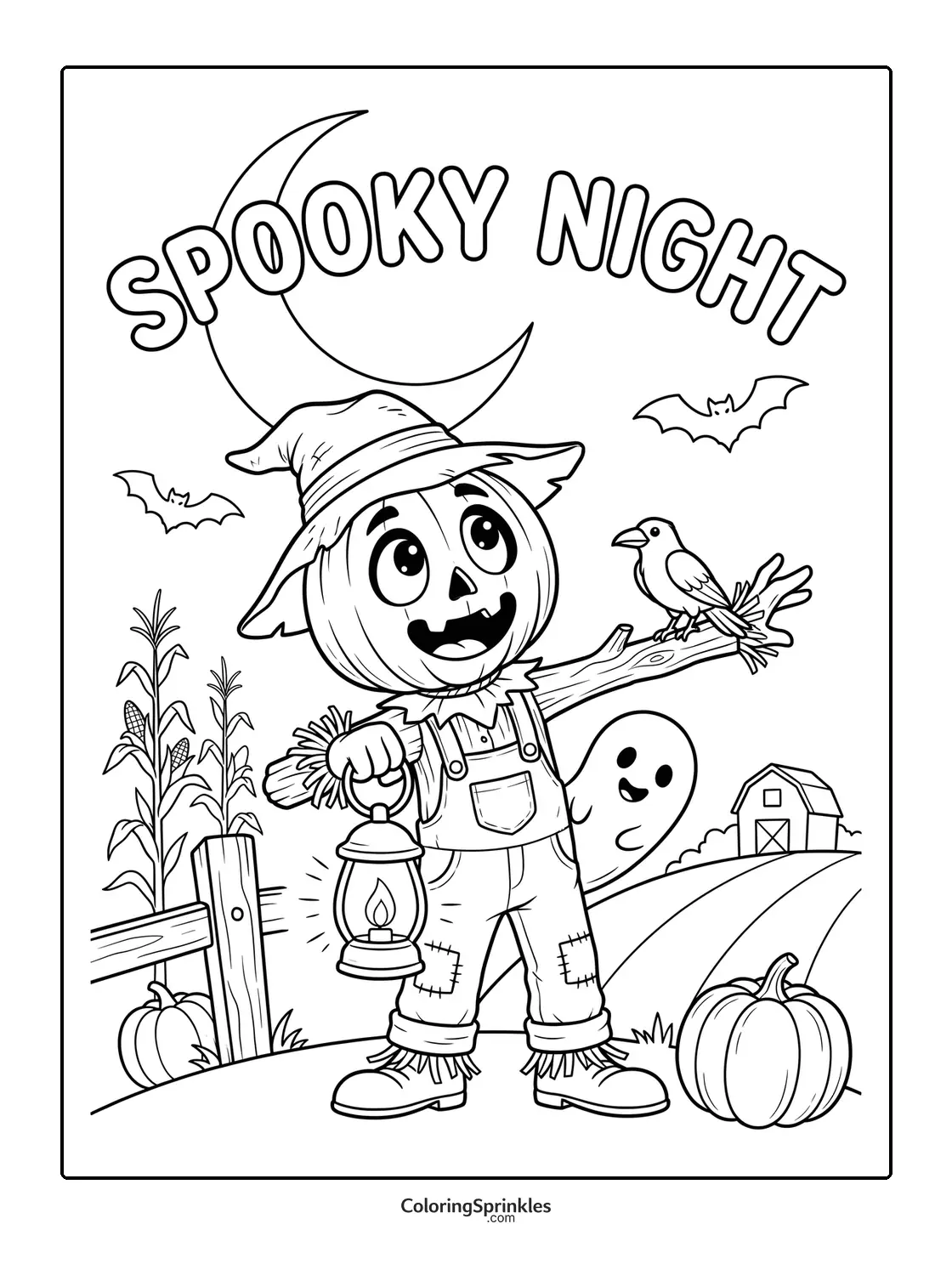 Coloring page of a pumpkin-headed scarecrow holding a lantern on a farm with a ghost and bats