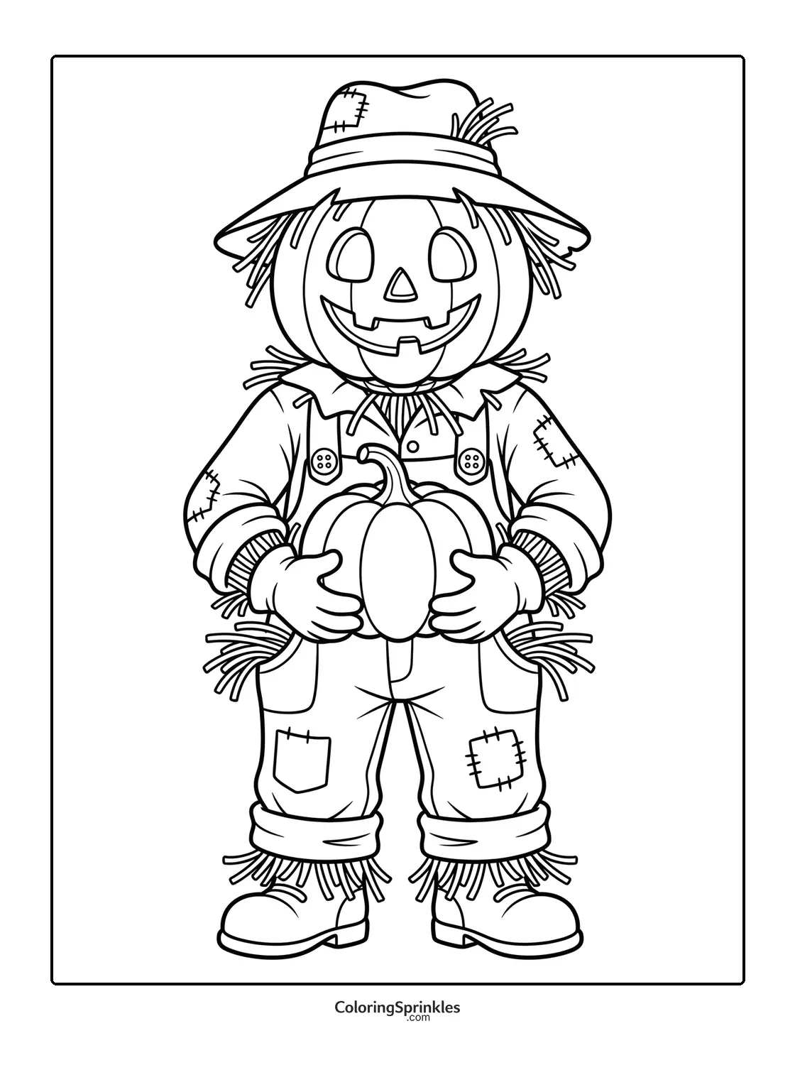 Coloring page of a scarecrow holding a pumpkin wearing patchwork clothes