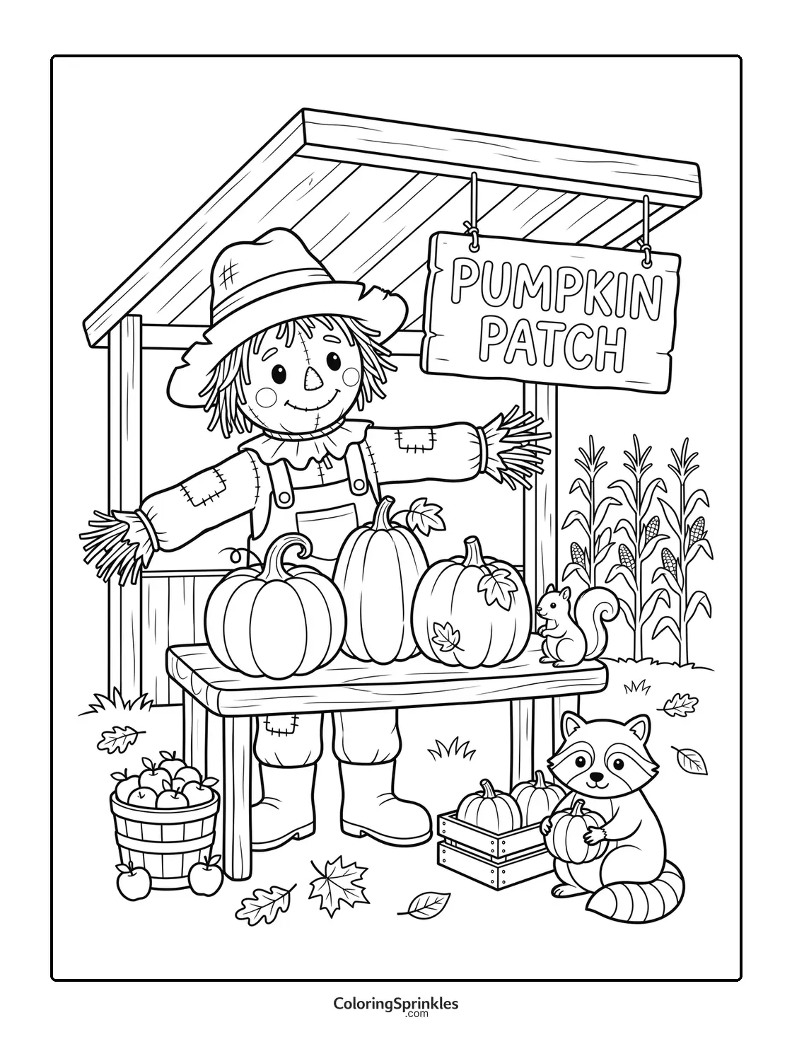 Coloring page of a scarecrow at a pumpkin patch with a raccoon and squirrel near a cornfield