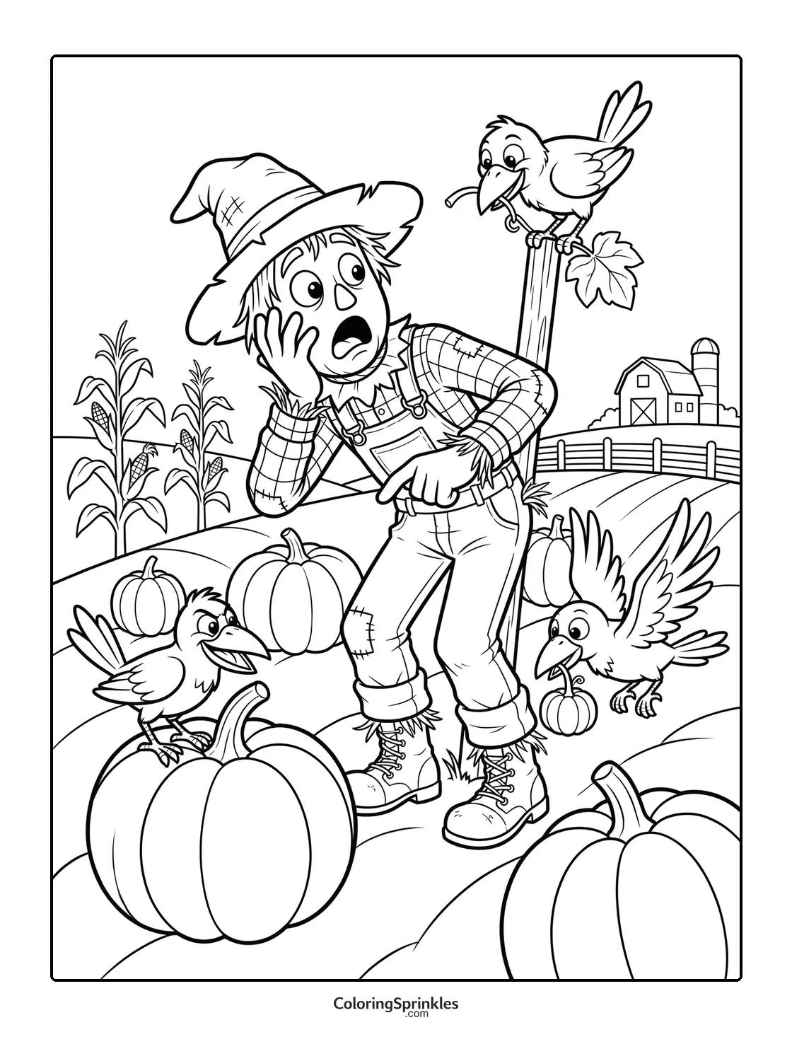 Coloring page of a scarecrow surrounded by pumpkins and angry crows on a farm