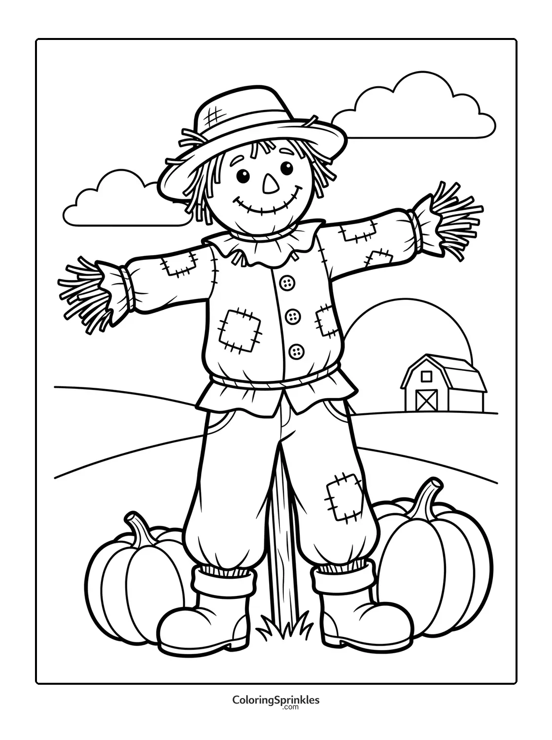 Coloring page of a scarecrow with pumpkins near a barn on a farm field