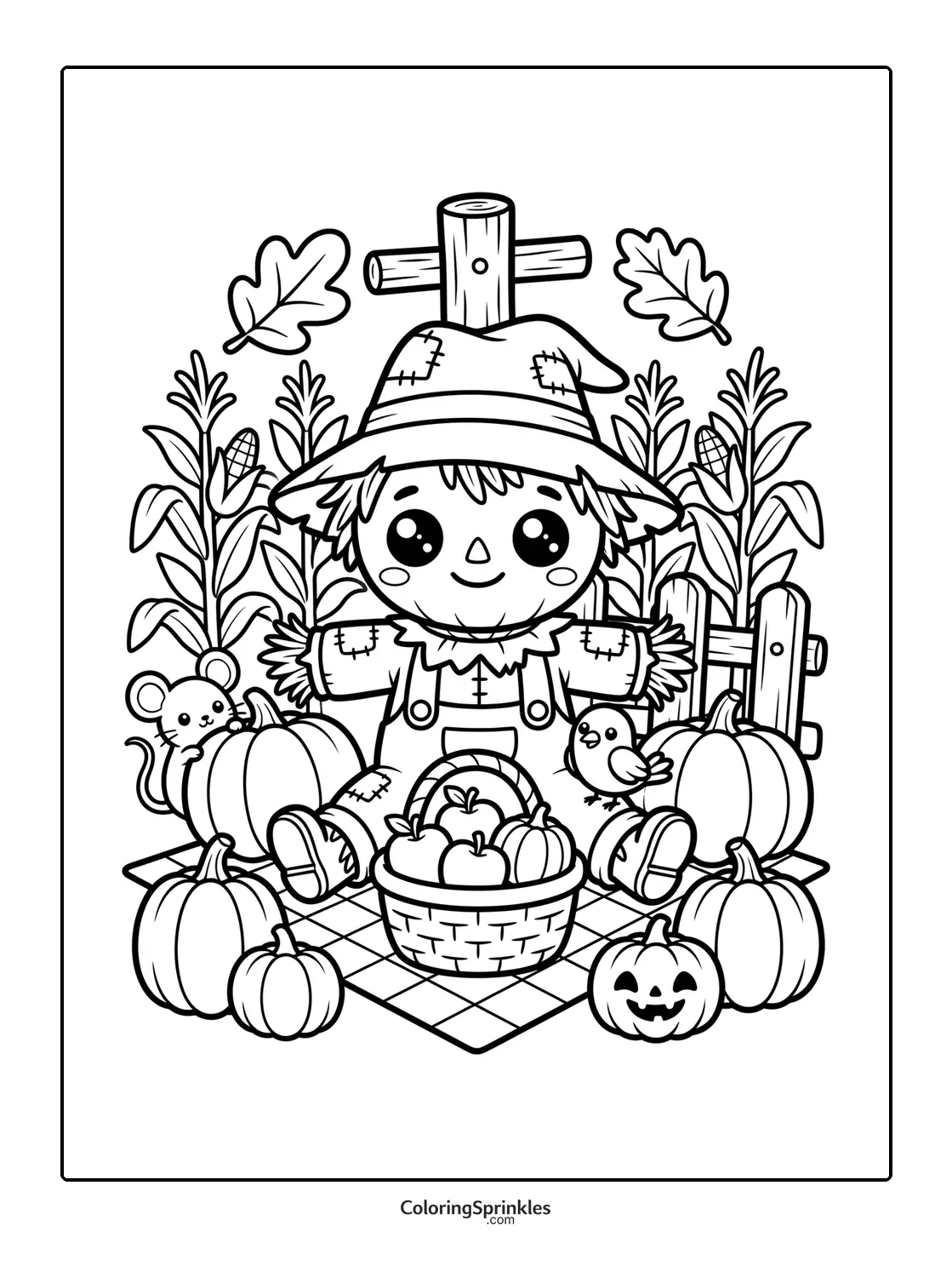 Coloring page of a cute scarecrow with pumpkins, a basket of apples, a mouse and a bird in a cornfield