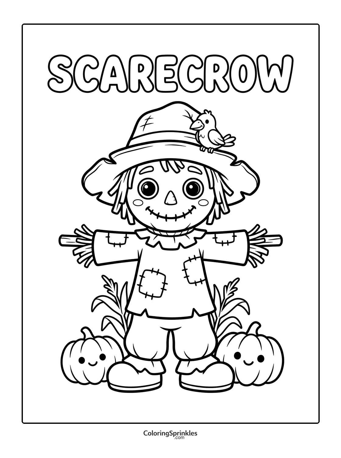 Coloring page of a scarecrow with pumpkins and a bird