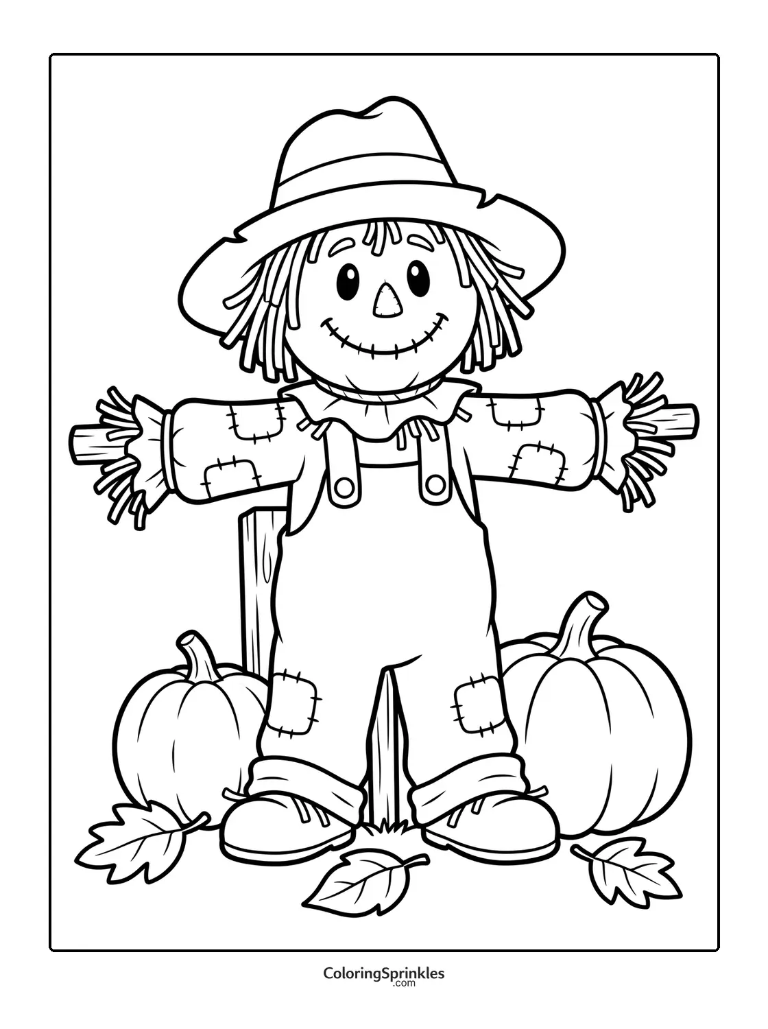 Coloring page of a scarecrow with pumpkins and fall leaves