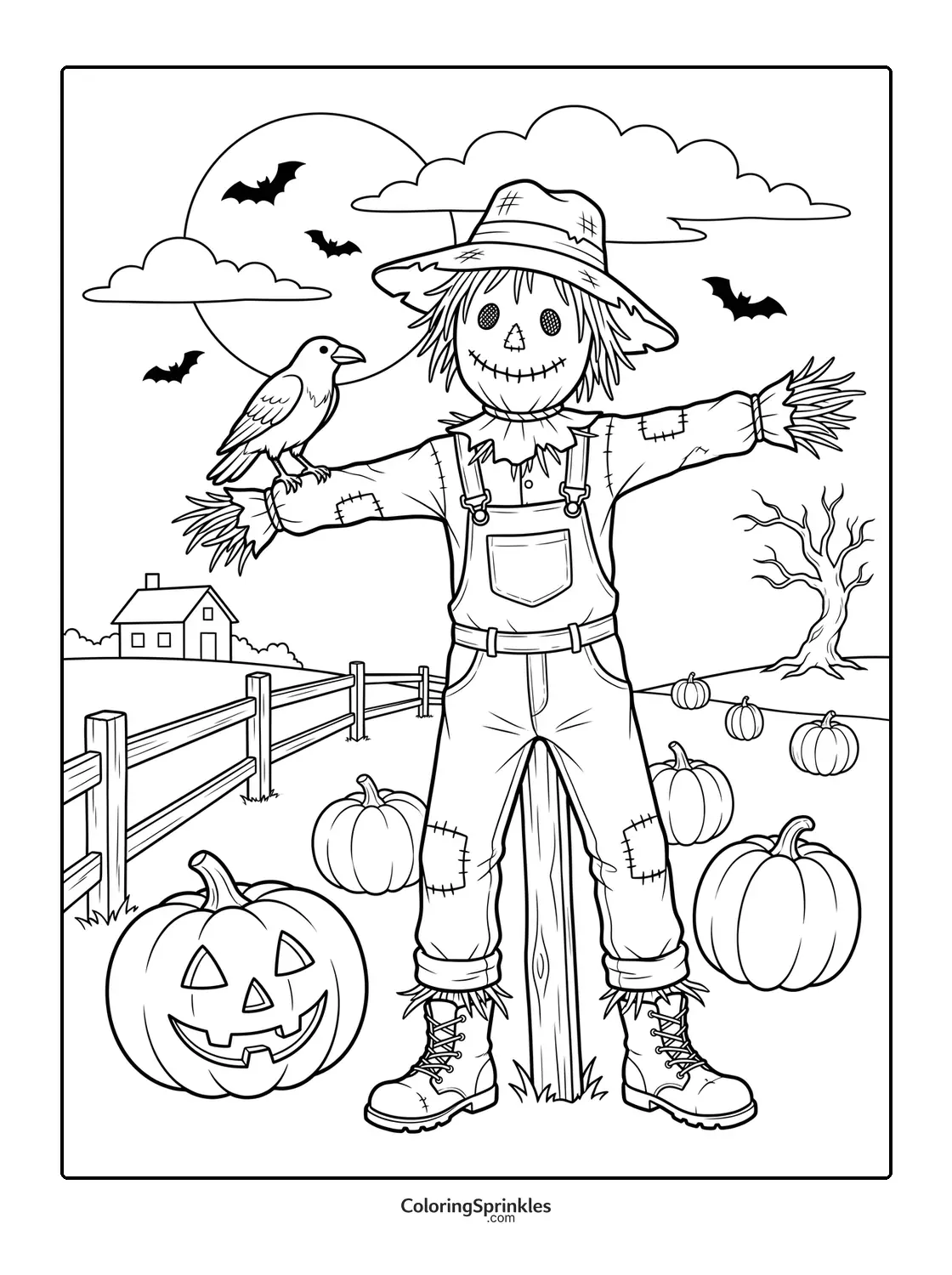 Coloring page of a scarecrow with pumpkins and bats on a farm
