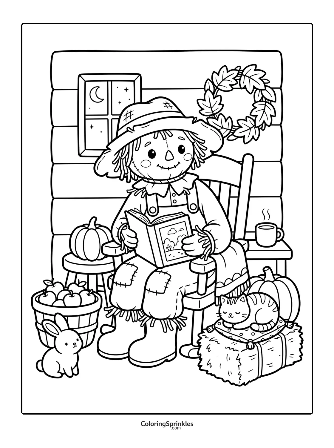 Coloring page of a scarecrow reading a book with a cat and pumpkins