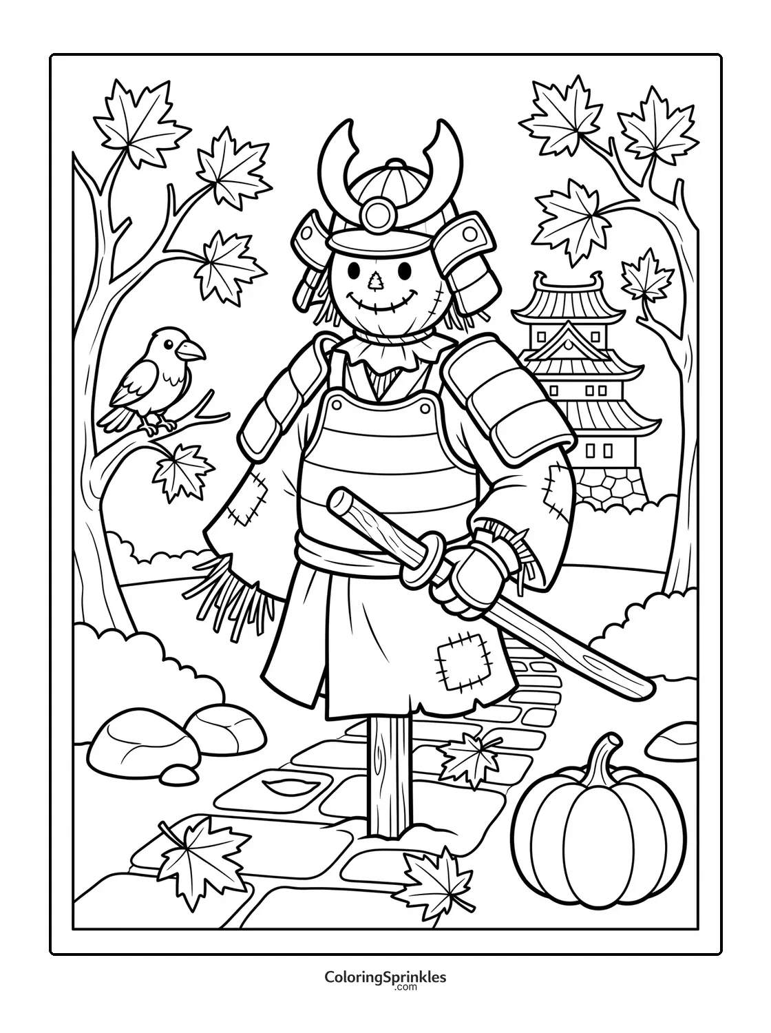 Coloring page of a samurai scarecrow with a pumpkin and bird near a Japanese castle