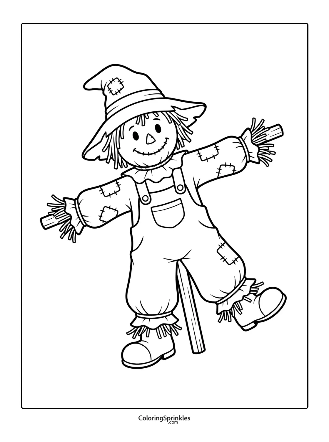Coloring page of a smiling scarecrow wearing patchwork overalls and a hat