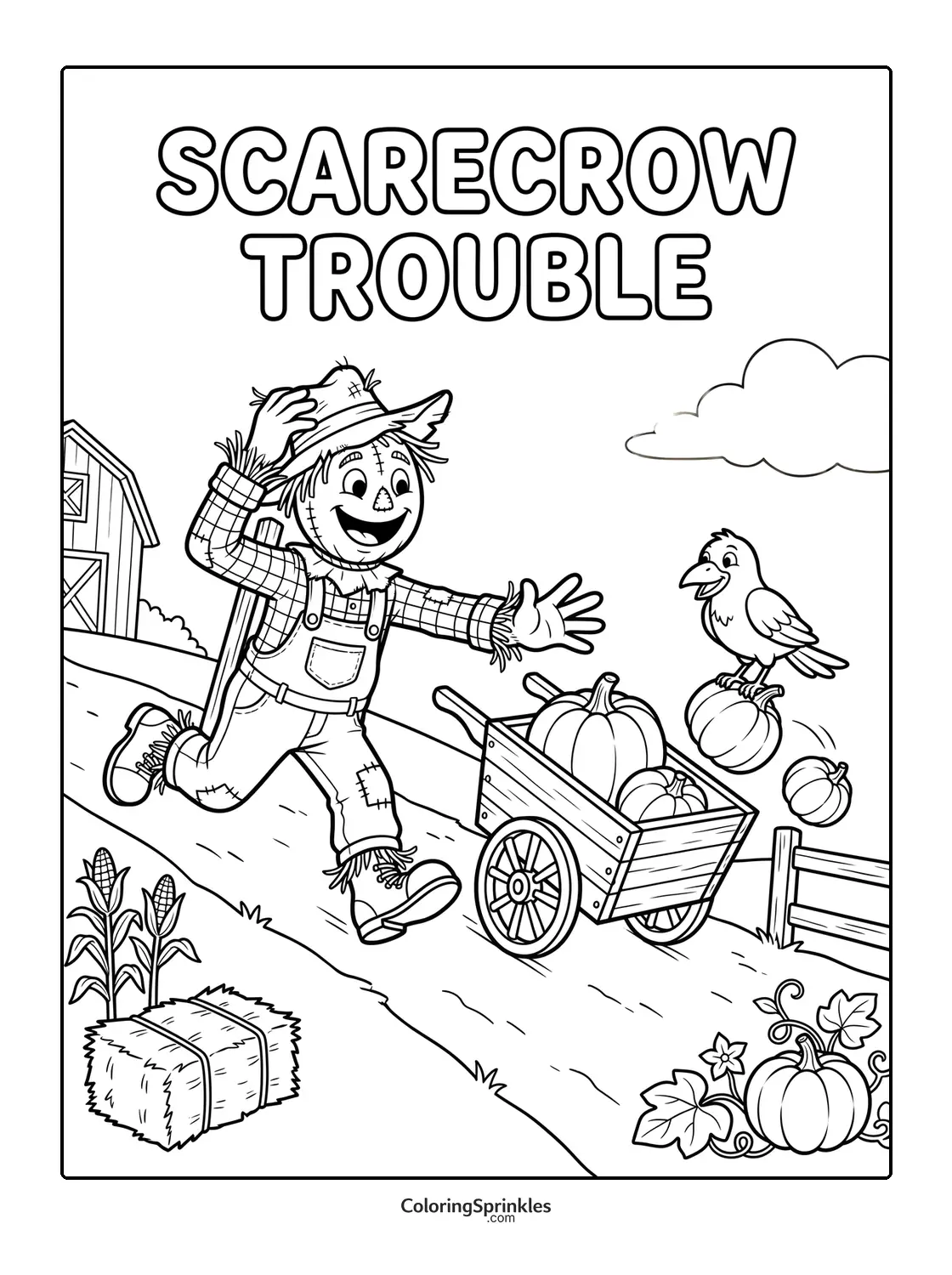Coloring page of a scarecrow chasing a bird knocking pumpkins from a wagon on a farm