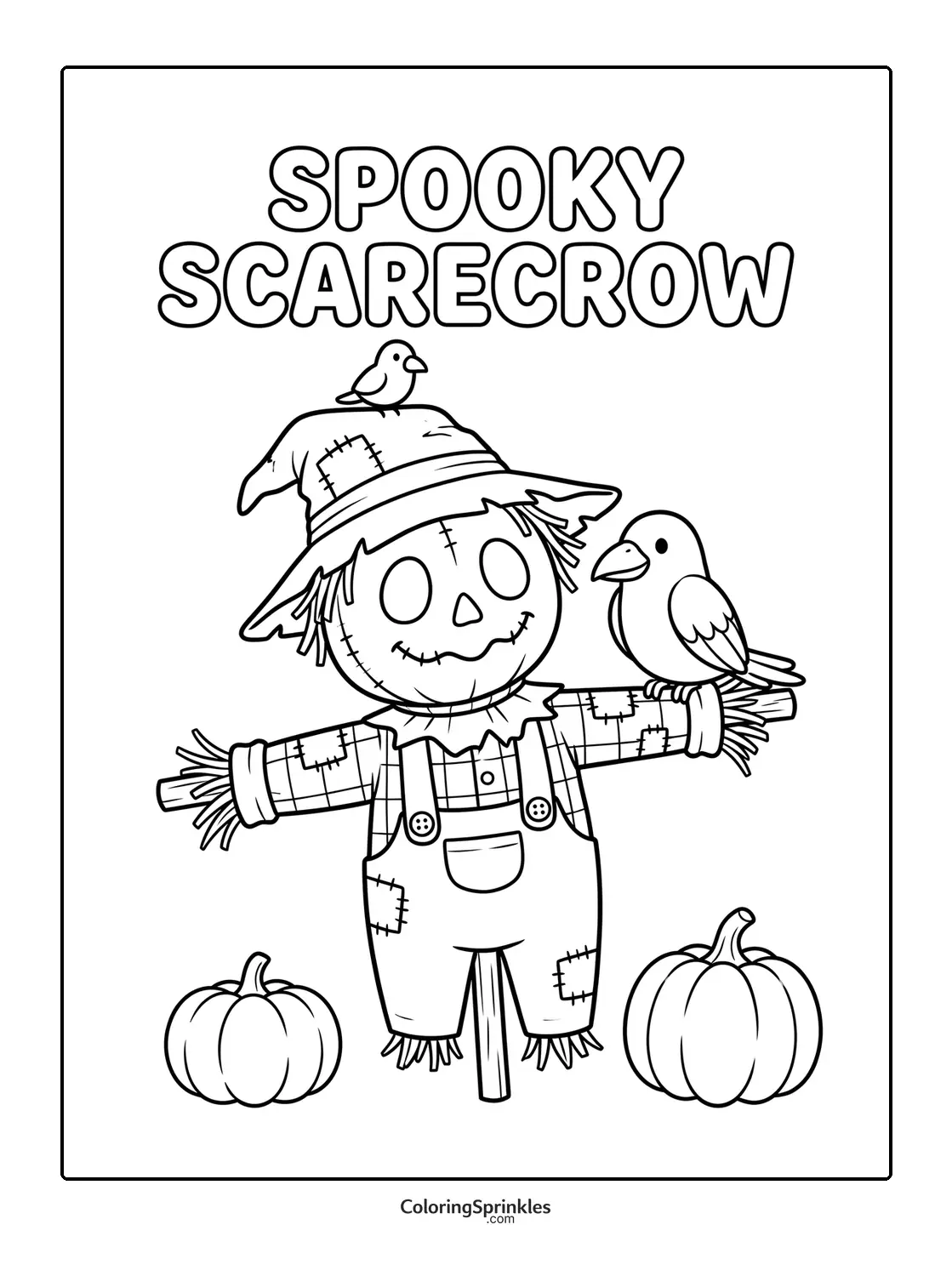Coloring page of a spooky scarecrow with birds and pumpkins