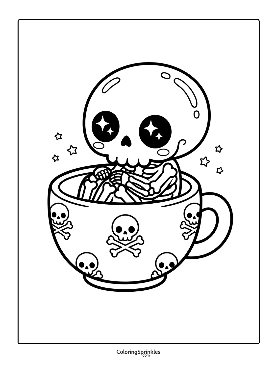 Coloring page of a cute skeleton sitting inside a skull-decorated cup