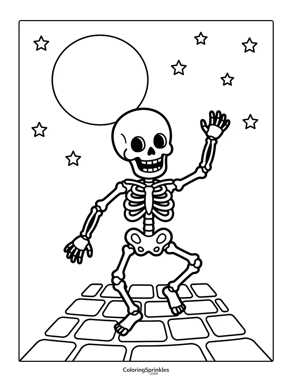 Coloring page of a dancing skeleton under the moon and stars at night