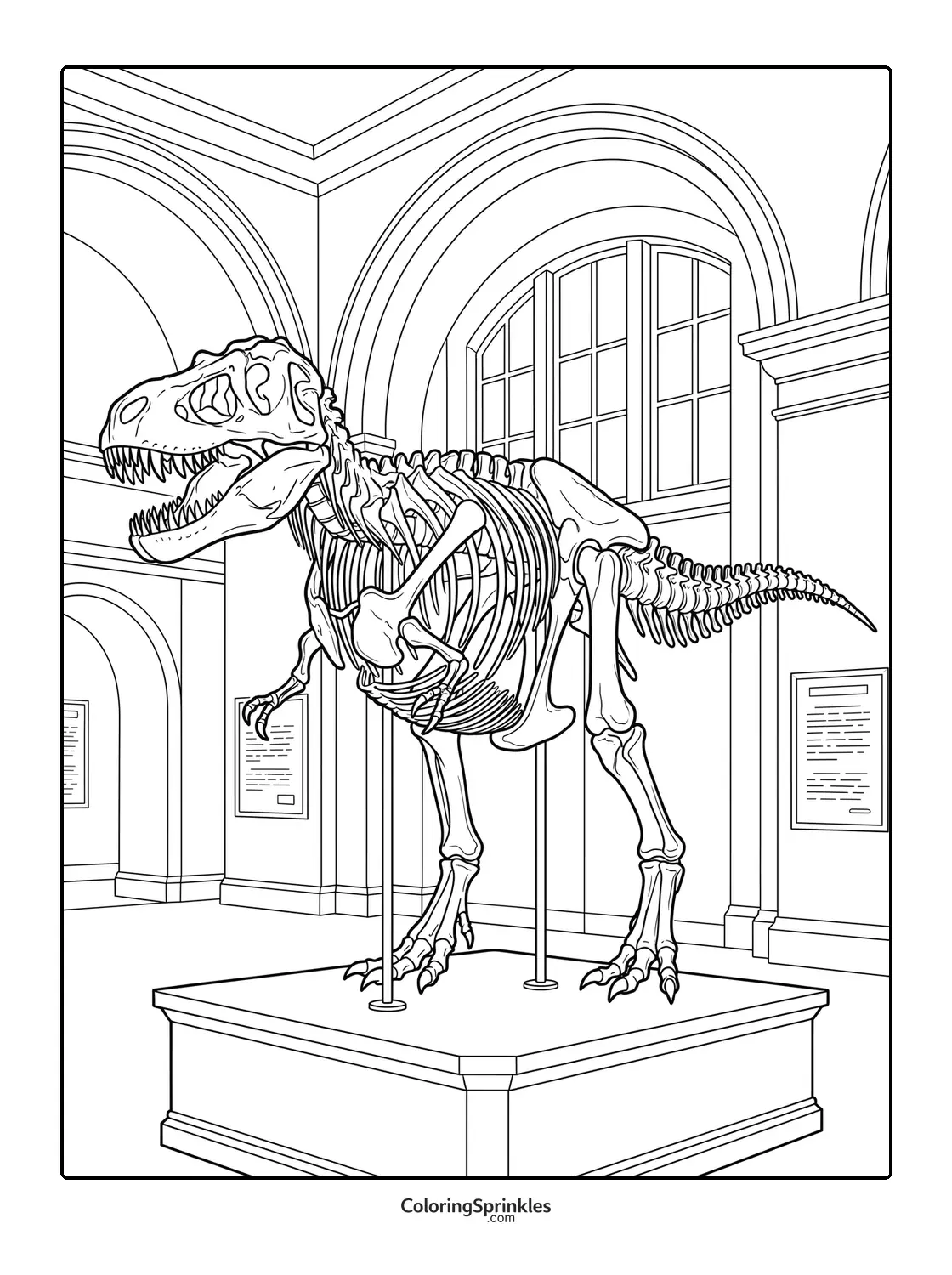 Coloring page of a dinosaur skeleton on display in a museum