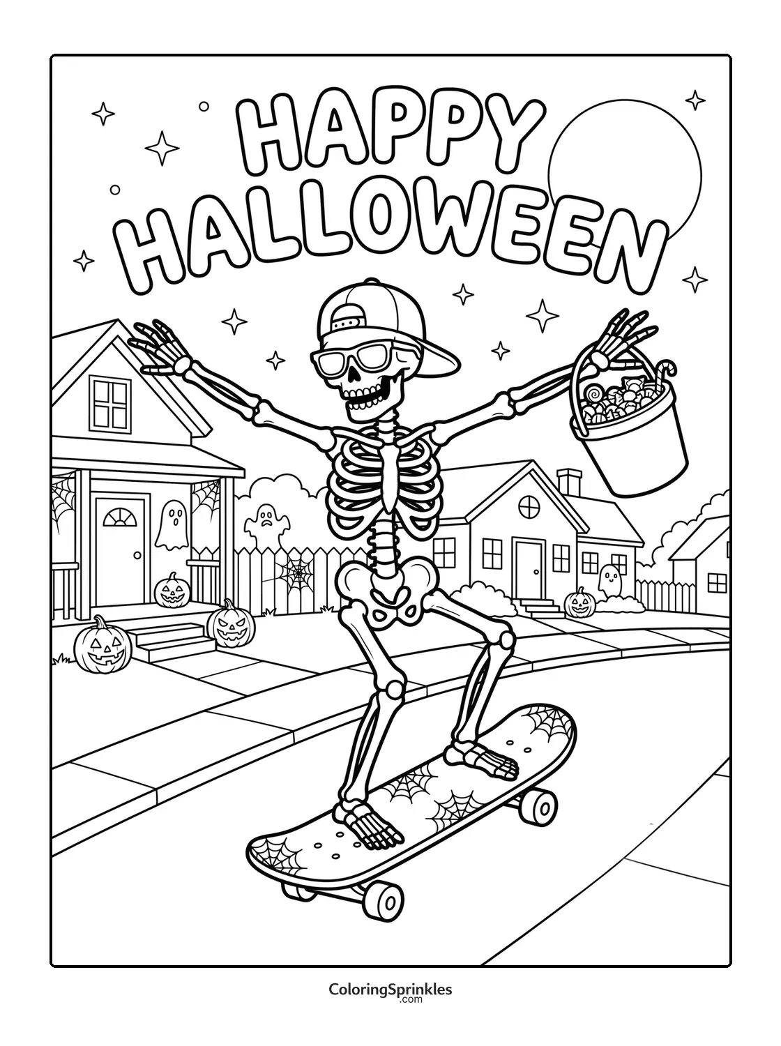 Coloring page of a Halloween skeleton skateboarding with a candy bucket