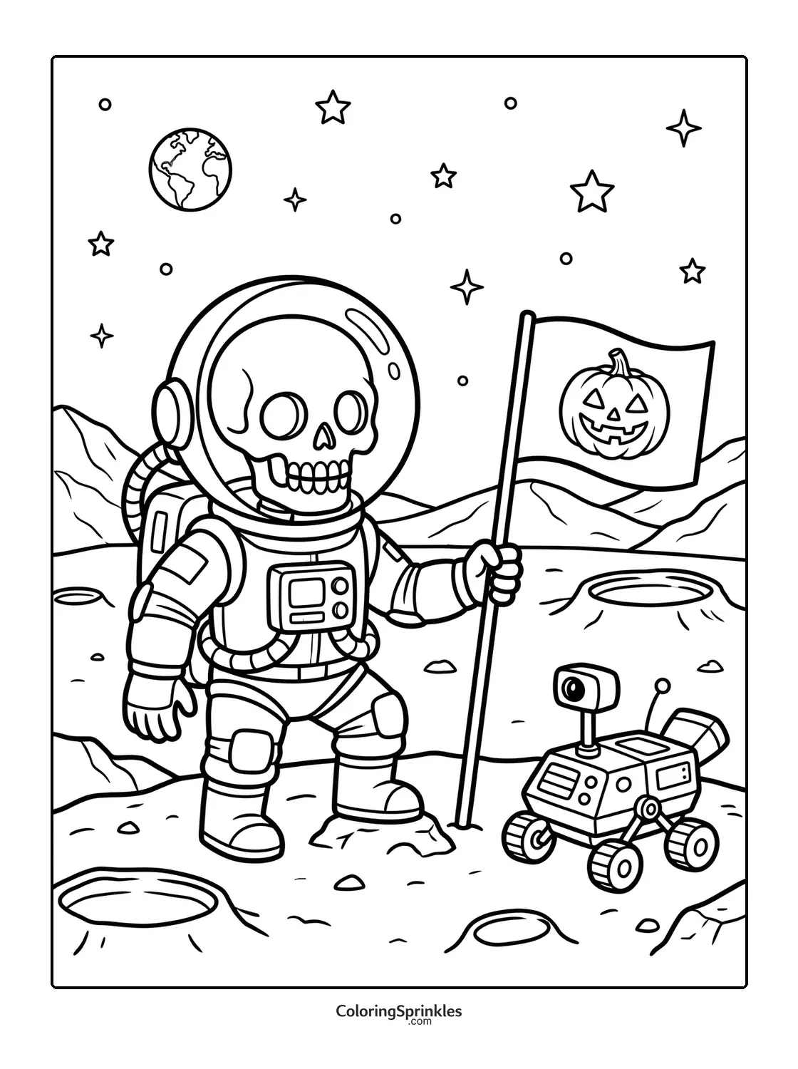Coloring page of a skeleton astronaut on the moon holding a flag with a pumpkin face and a rover