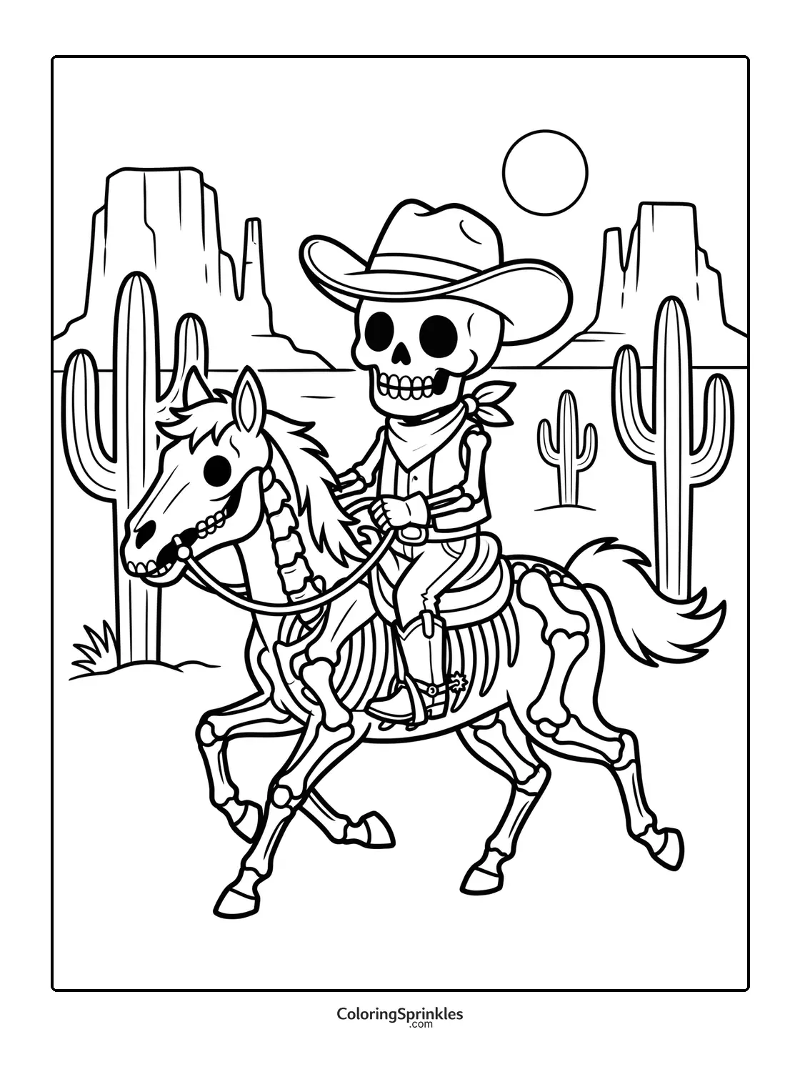 Coloring page of a skeleton cowboy riding a skeleton horse in the desert