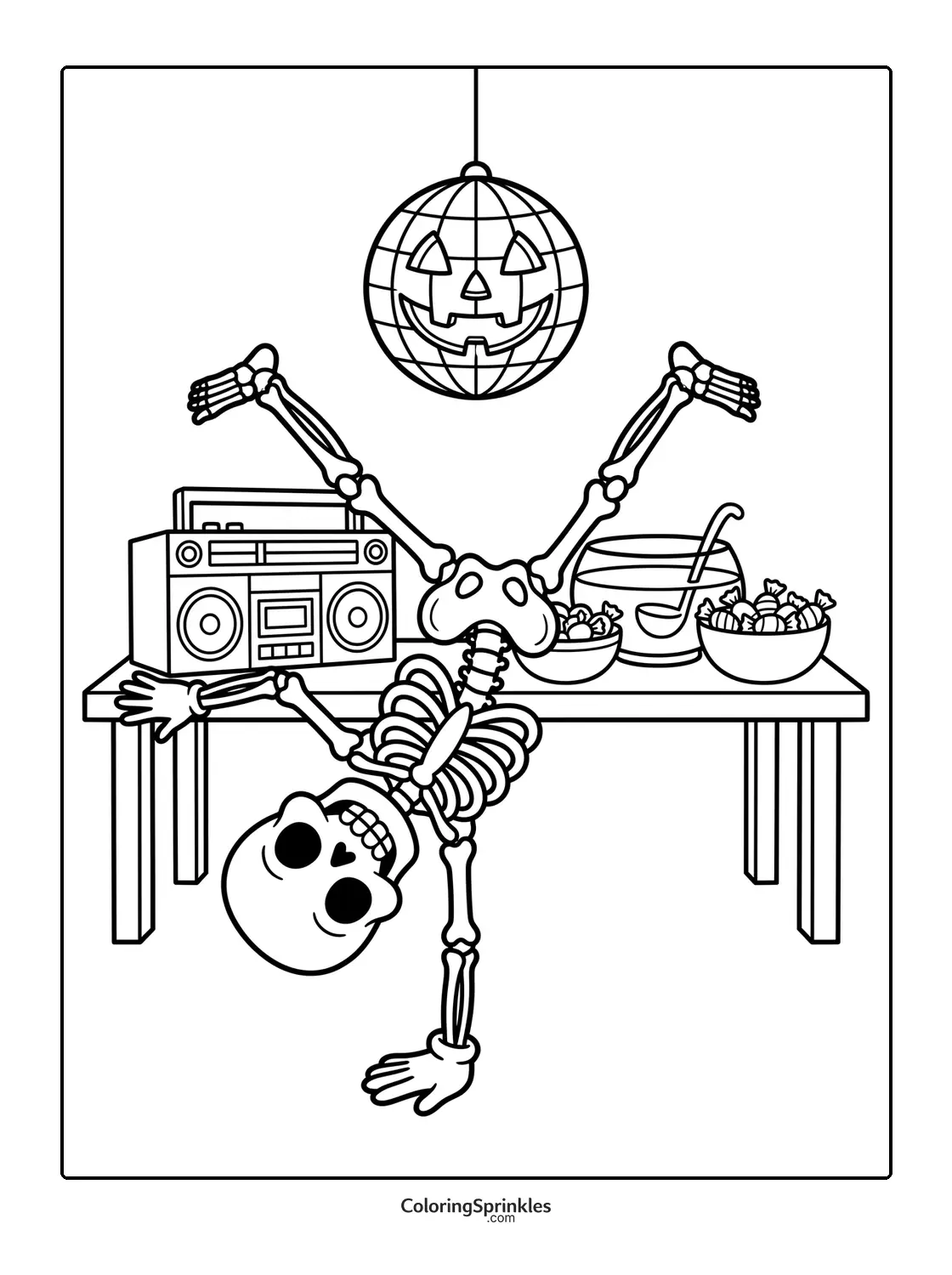 Coloring page of a skeleton dancing at a Halloween party table
