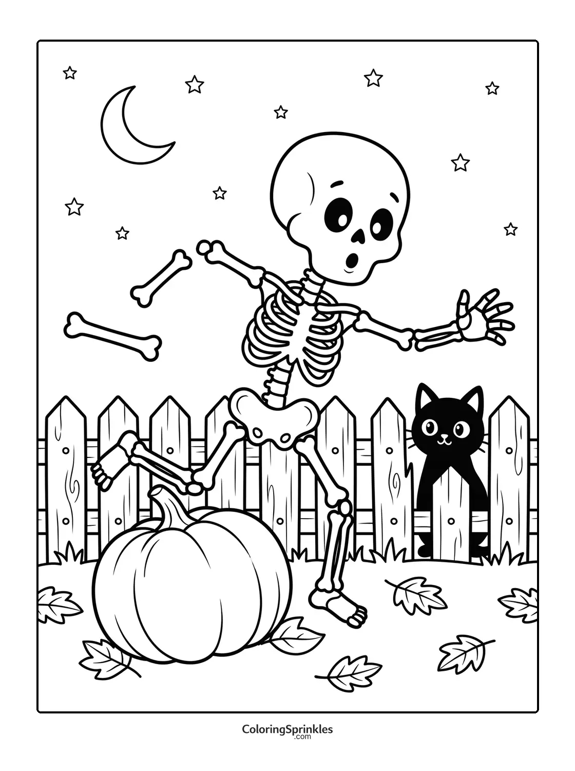 Coloring page of a skeleton dancing near a pumpkin and a black cat by a fence at night