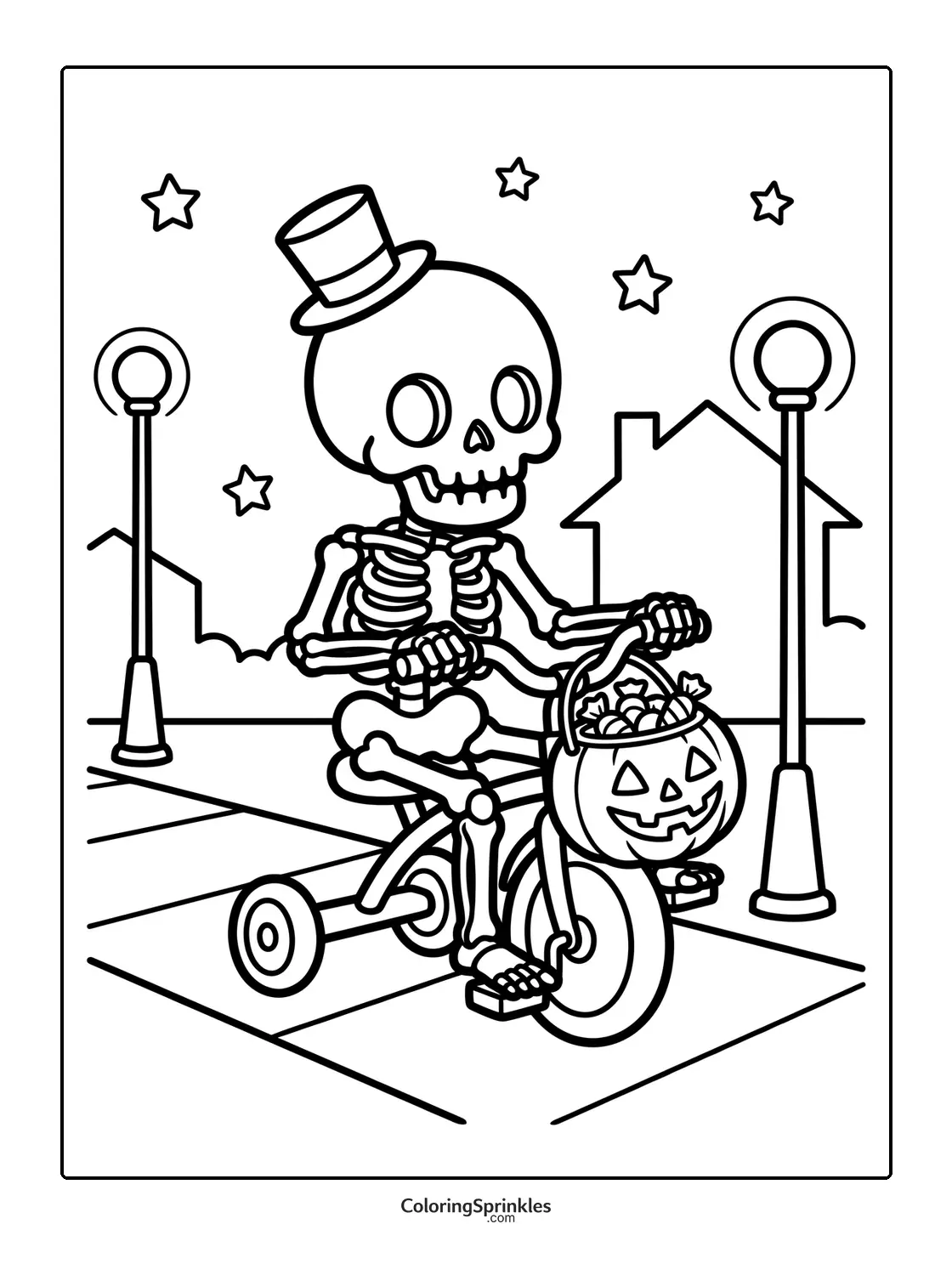 Coloring page of a skeleton riding a tricycle with a pumpkin candy bucket at night