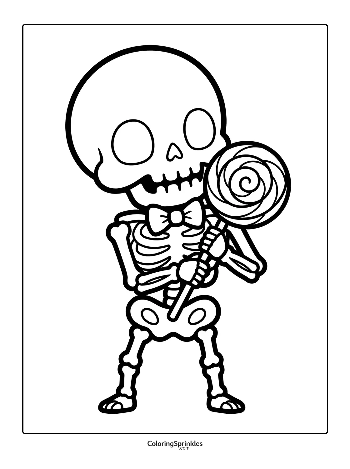 Coloring page of a skeleton holding a large lollipop and wearing a bowtie