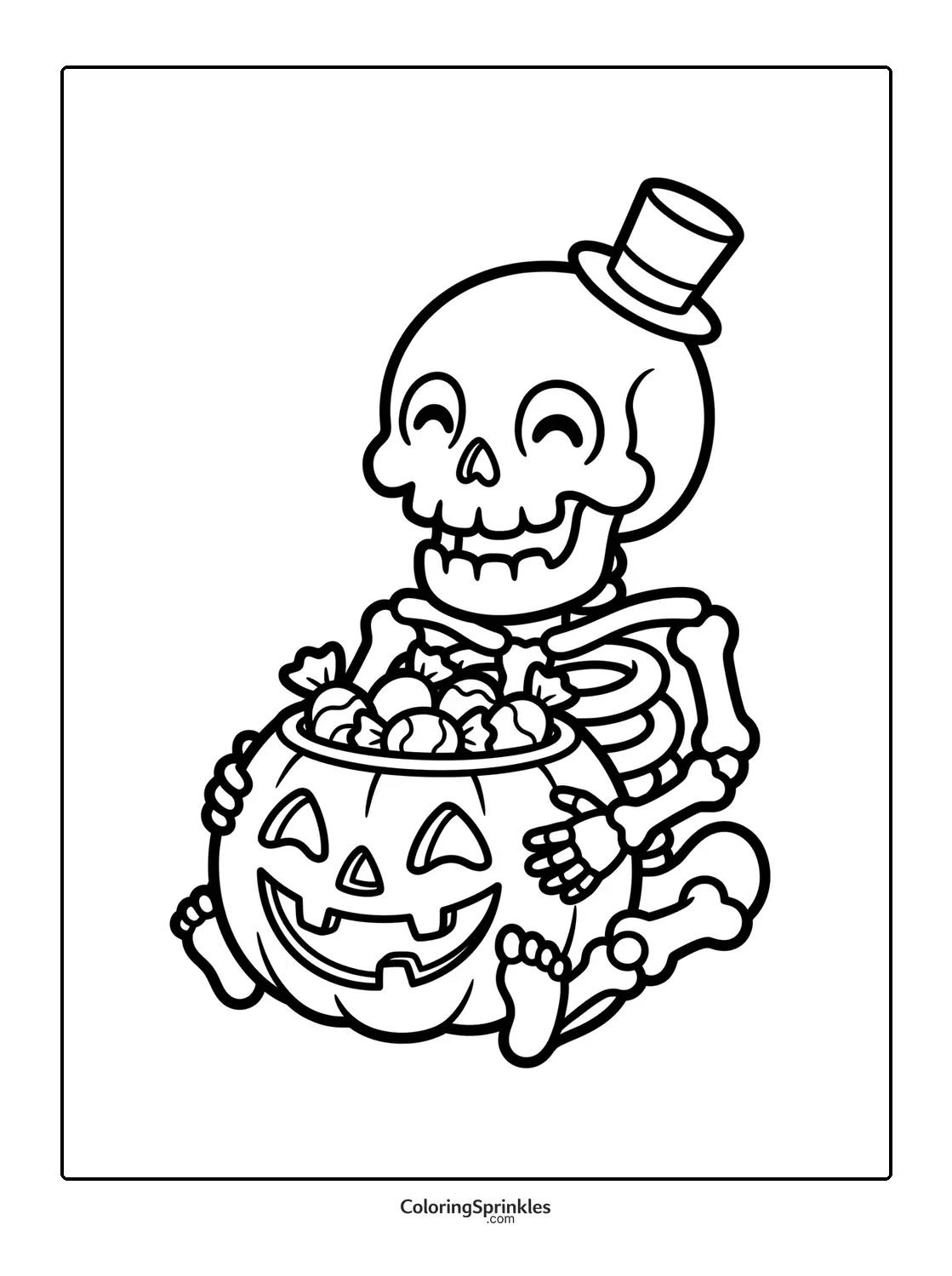 Coloring page of a skeleton holding a pumpkin filled with candy wearing a top hat