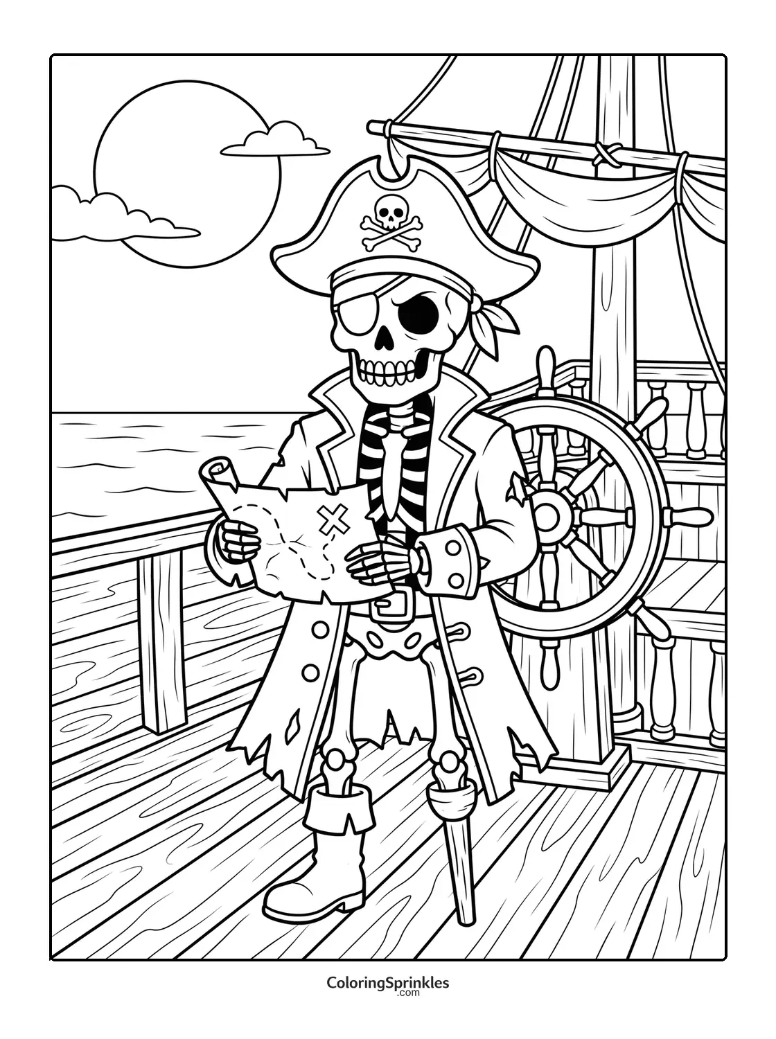 Coloring page of a skeleton pirate holding a treasure map on a ship deck