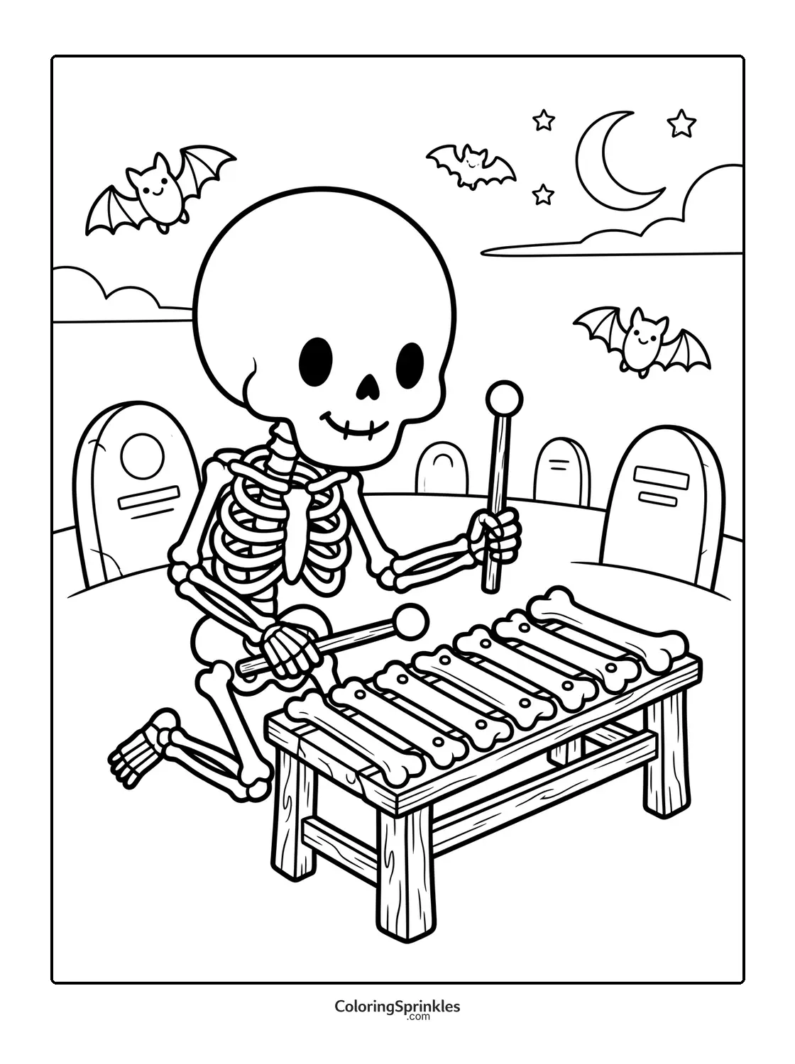 Coloring page of a skeleton playing a bone xylophone in a graveyard with bats