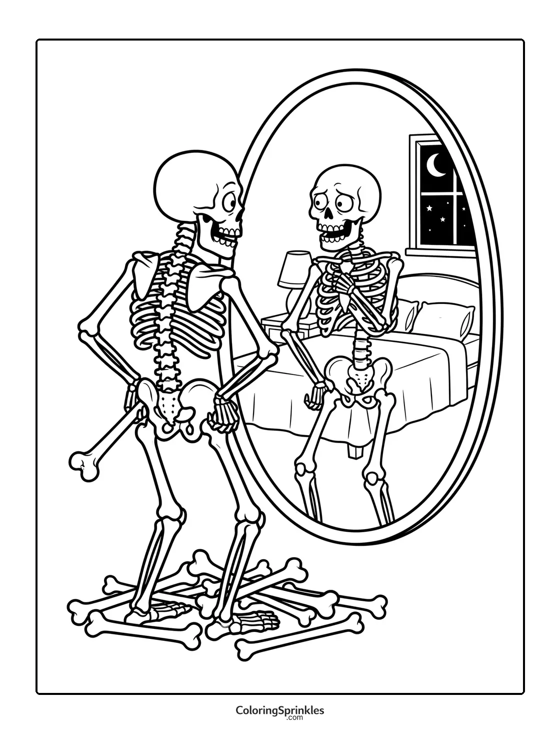 Coloring page of a skeleton standing in front of a mirror in a bedroom at night