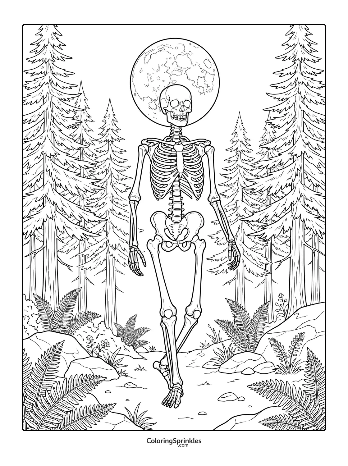 Coloring page of a skeleton walking in a forest with a full moon