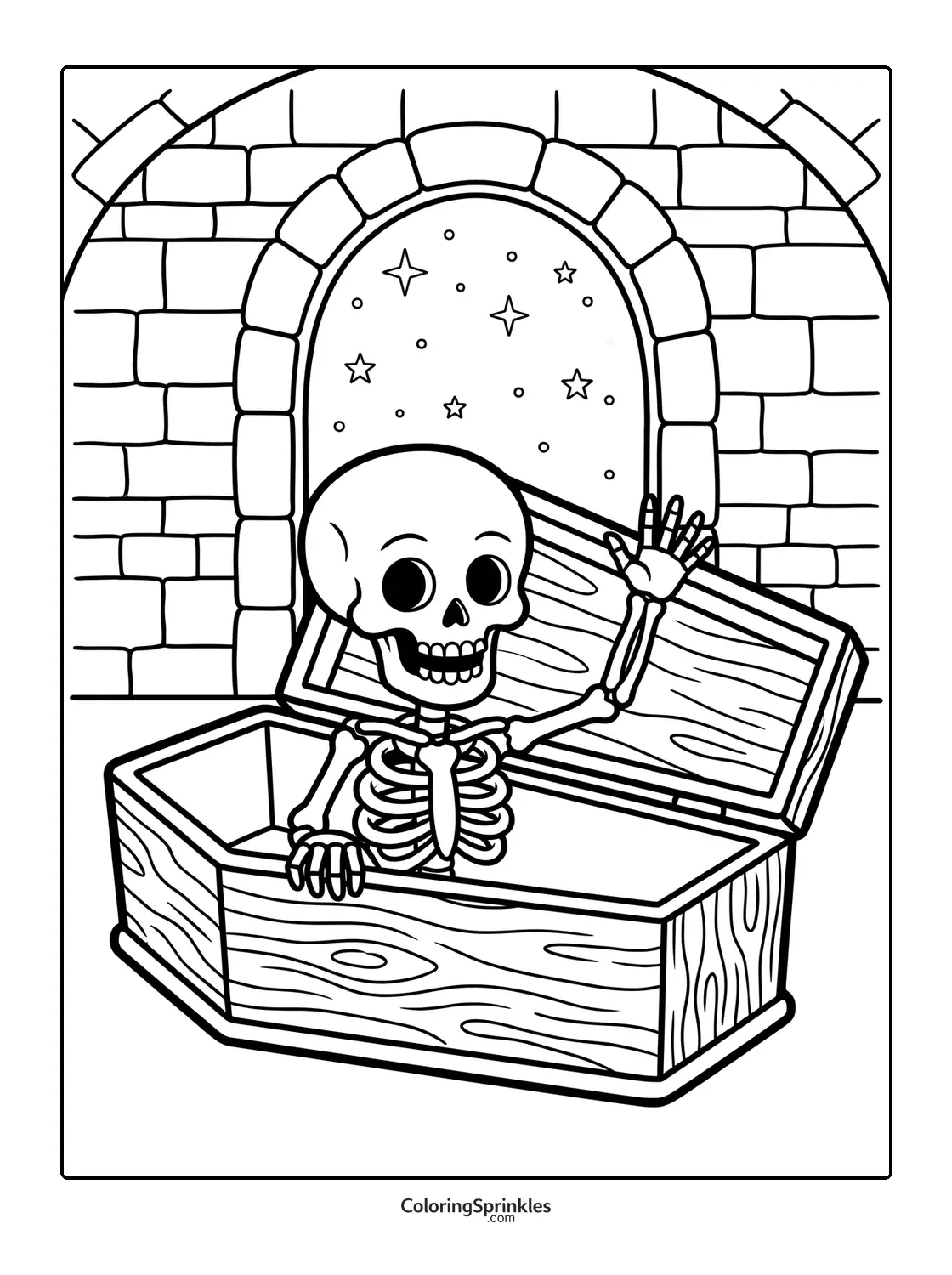 Coloring page of a skeleton waving from a coffin at night with stars