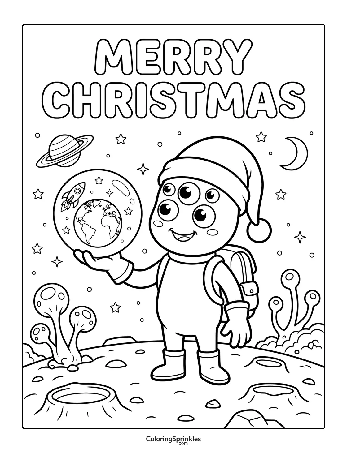 Coloring page of an alien astronaut wearing a Santa hat holding a snow globe with planet Earth