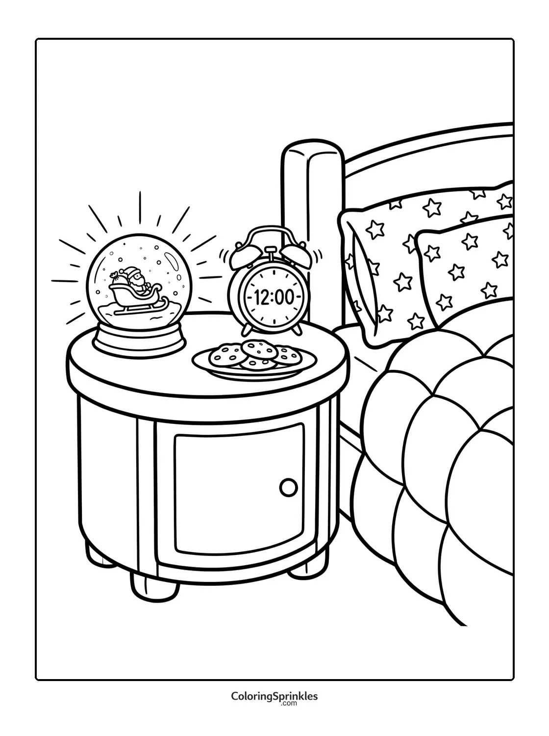 Coloring page of a bedside table with a Santa snow globe, cookies and an alarm clock