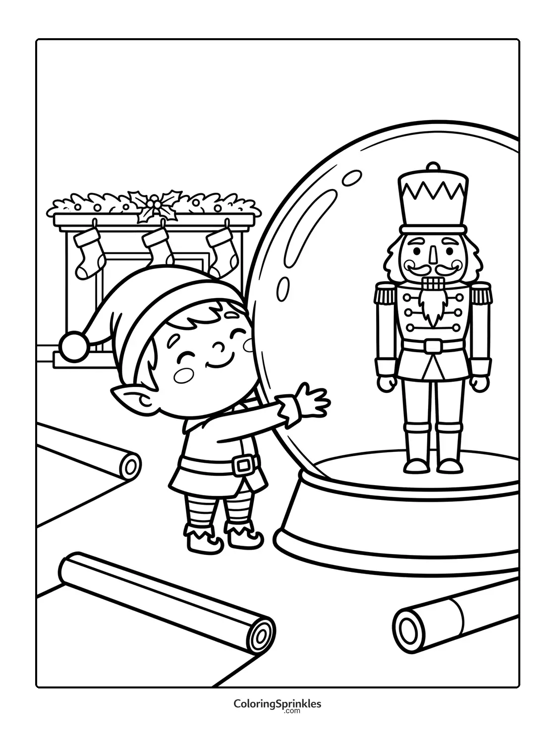 Coloring page of a Christmas elf hugging a snow globe with a nutcracker inside near a decorated fireplace