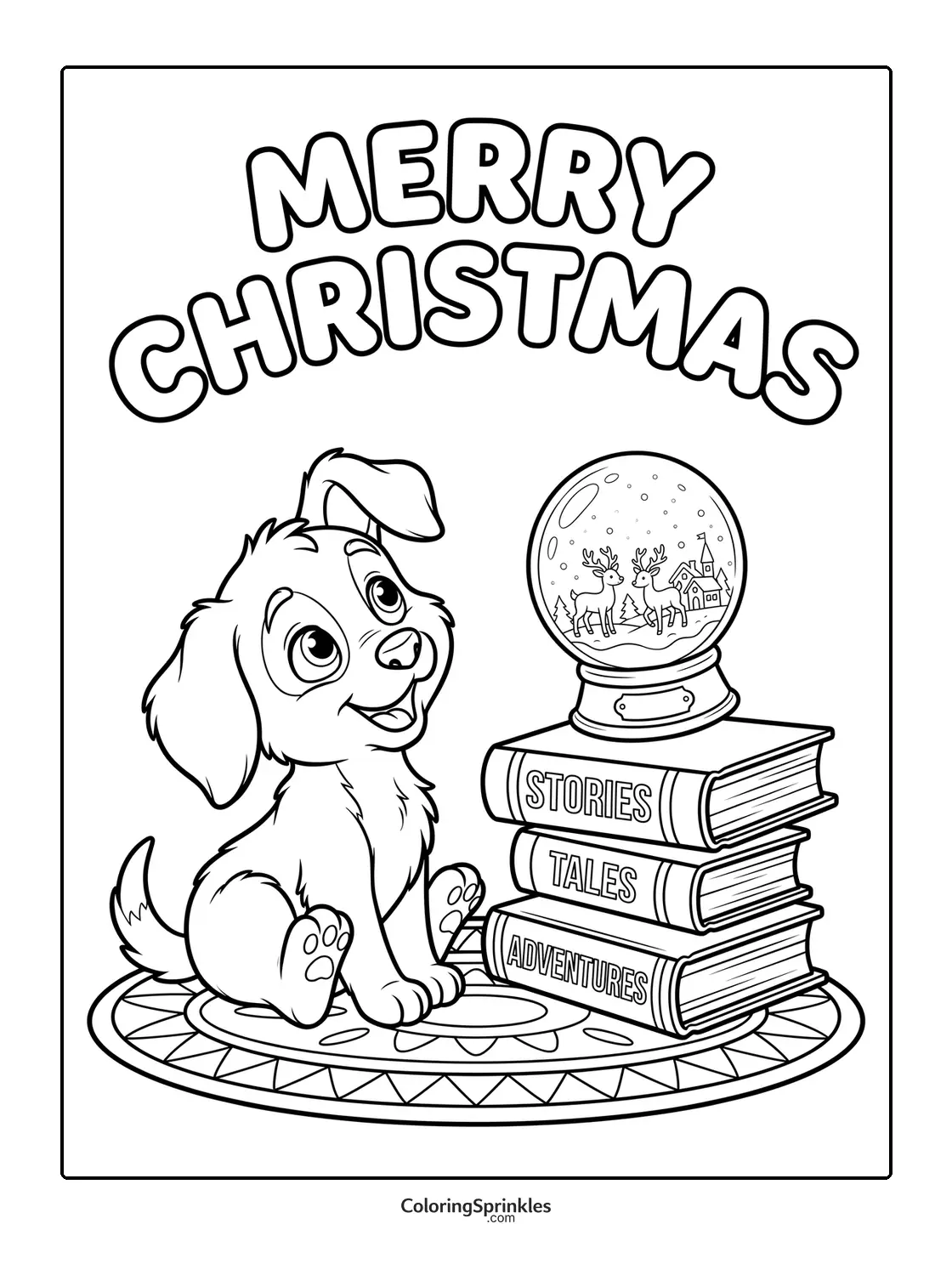 Coloring page of a puppy sitting next to a stack of books and a Christmas snow globe