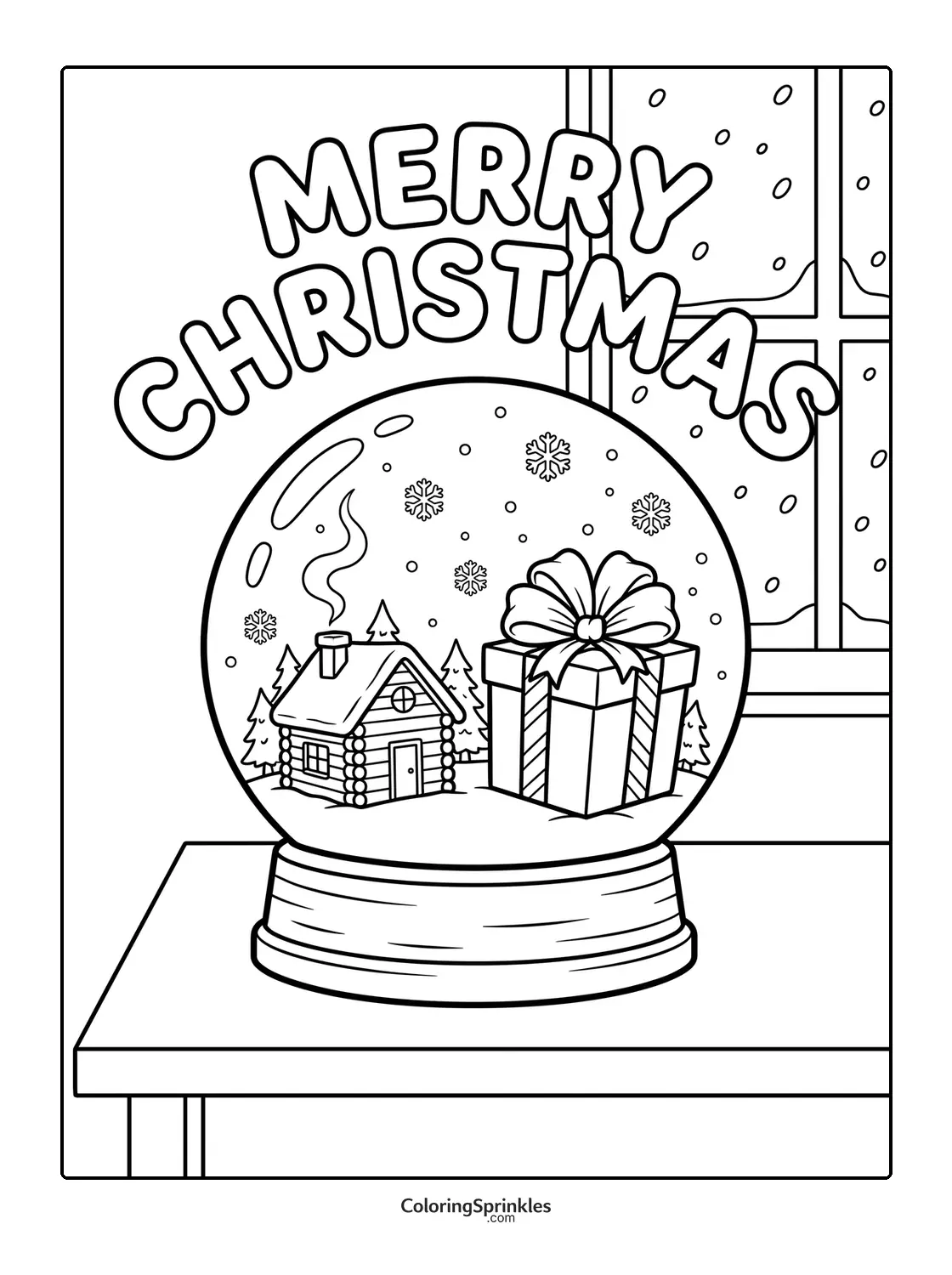 Coloring page of a Christmas snow globe with a cabin and a gift