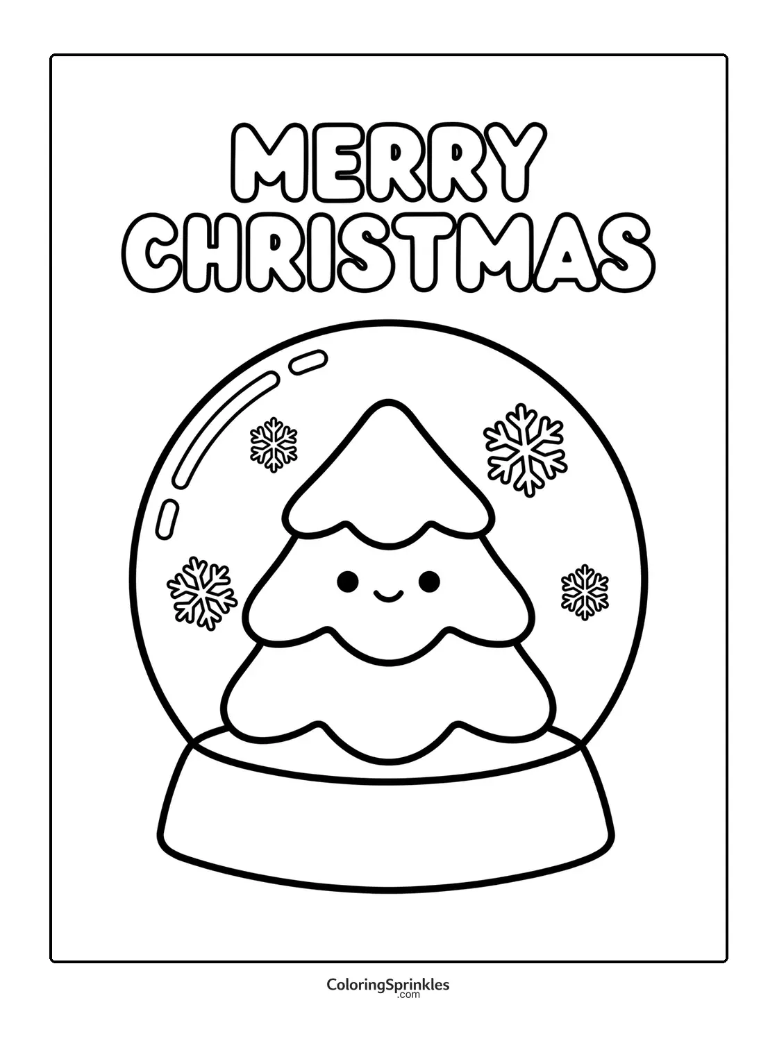 Coloring page of a smiling Christmas tree inside a snow globe