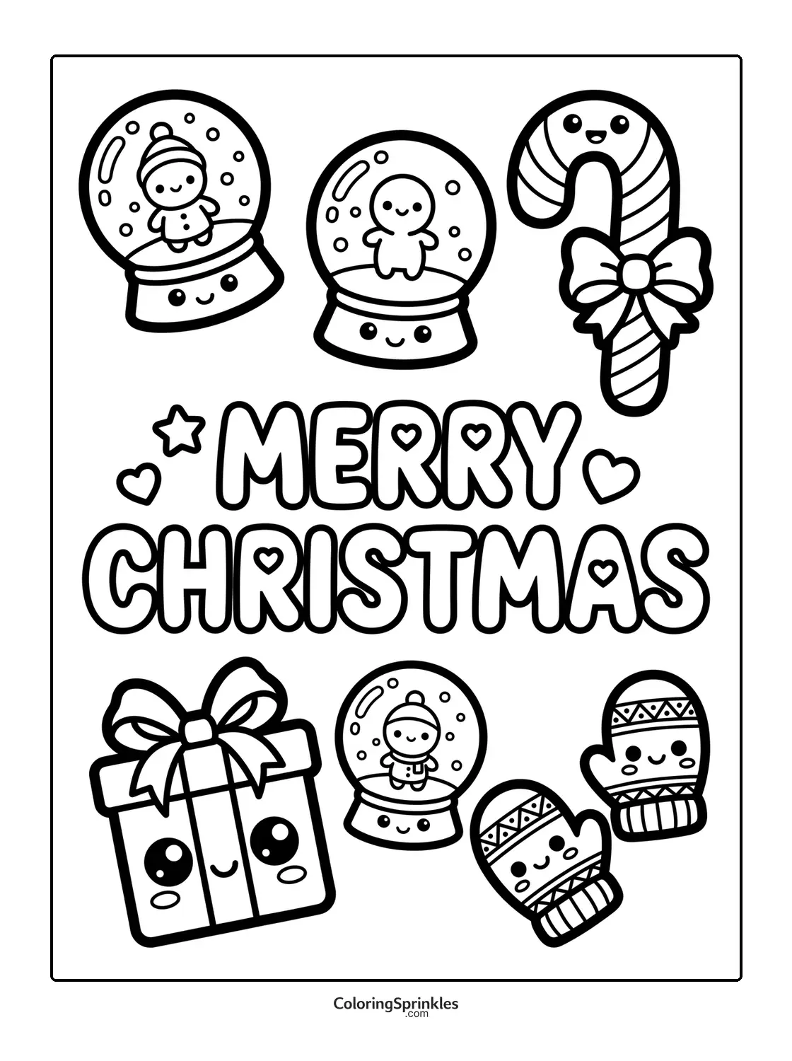 Coloring page of Christmas snow globes with candy cane, gift, and mittens