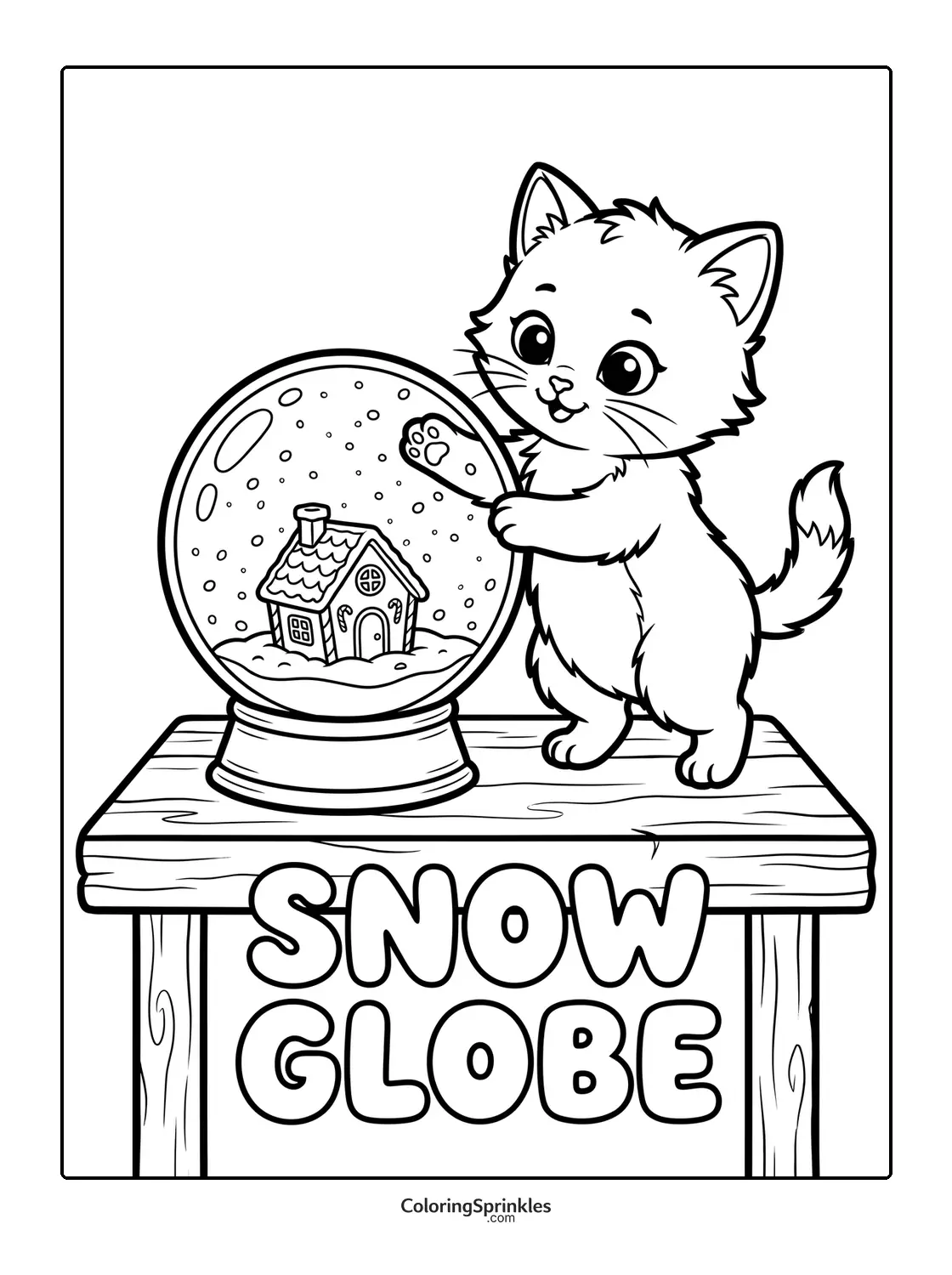 Coloring page of a cute kitten playing with a snow globe containing a house