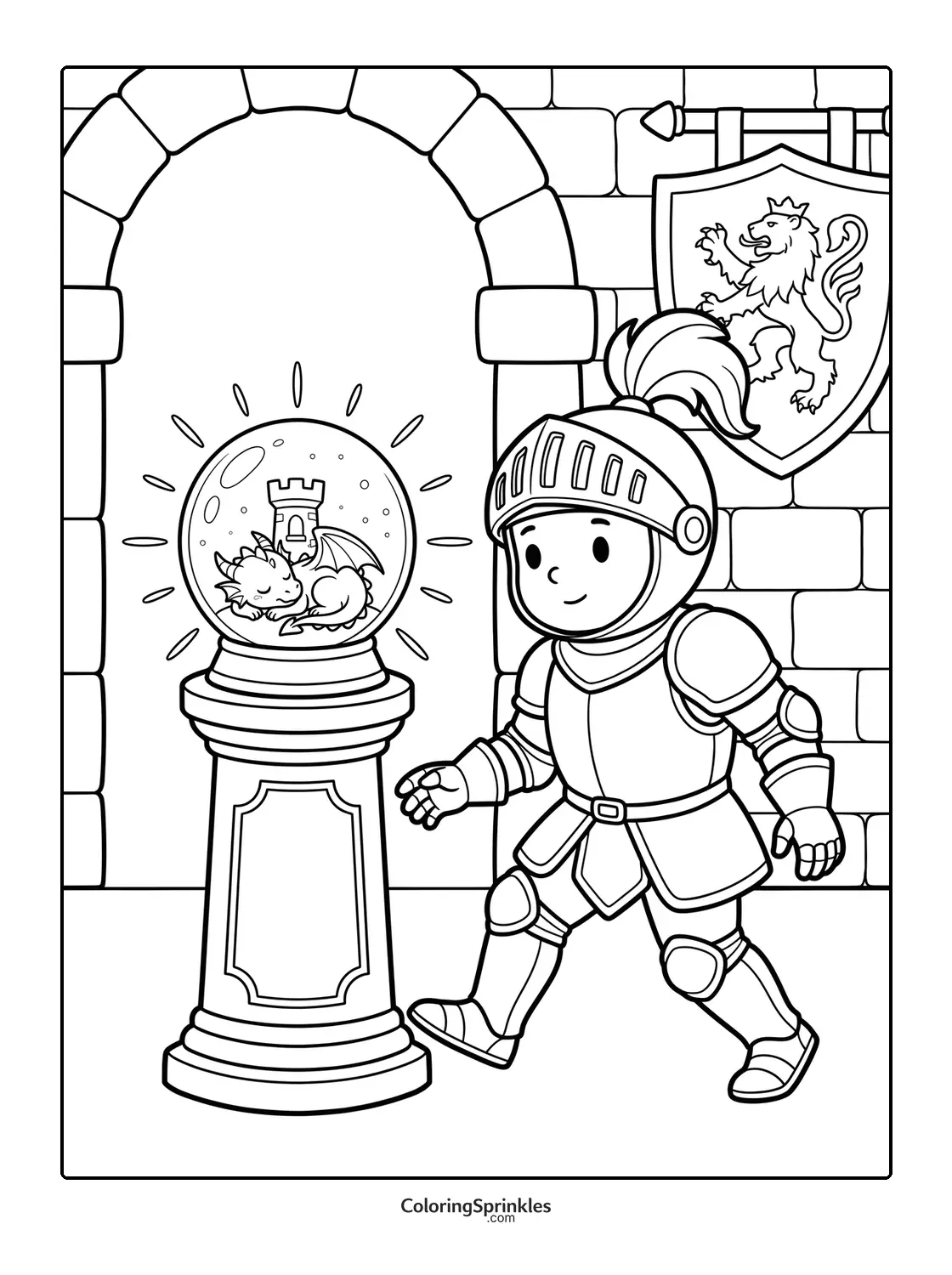 Coloring page of a knight looking at a dragon inside a snow globe in a castle interior