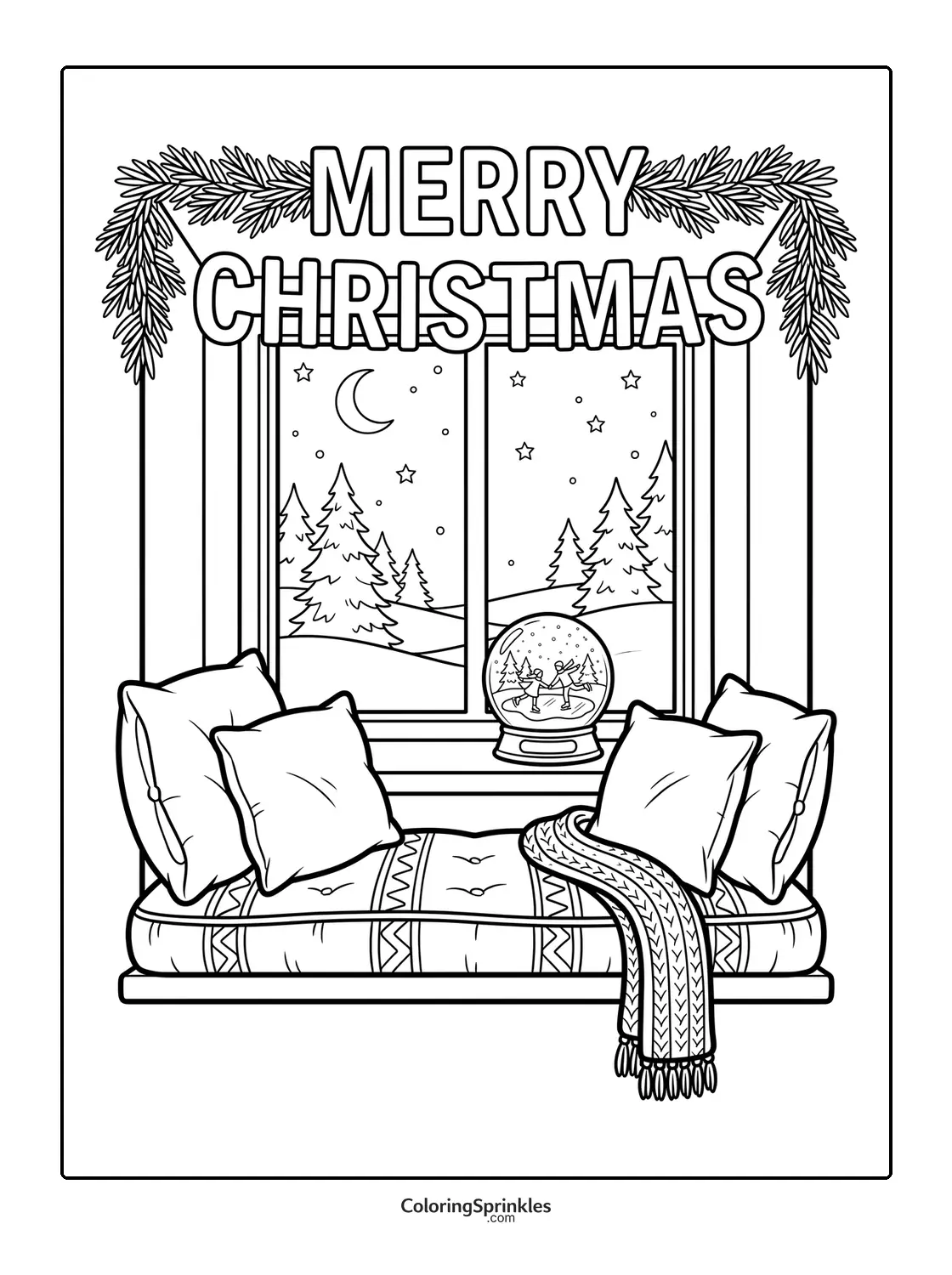 Coloring page of a cozy window seat with pillows and a snow globe under a Merry Christmas sign