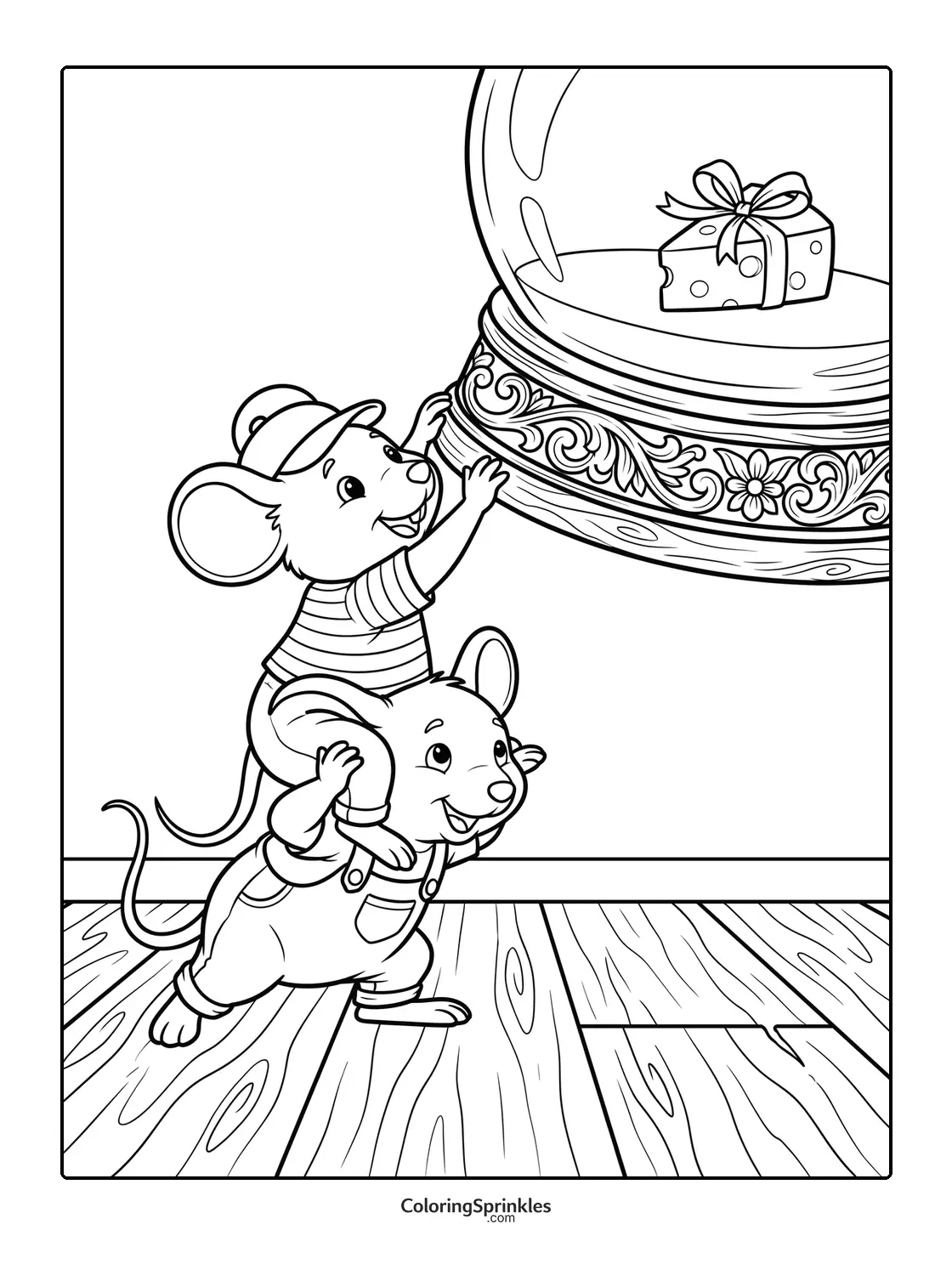 Coloring page of two mice reaching for a cheese inside a snow globe