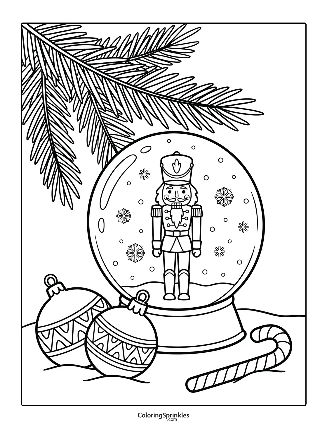 Coloring page of a nutcracker inside a snow globe with Christmas ornaments and a candy cane
