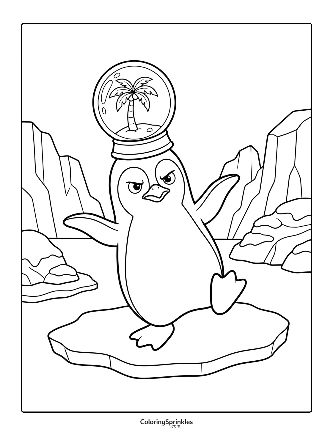 Coloring page of a penguin standing on an iceberg with a snow globe hat containing a palm tree