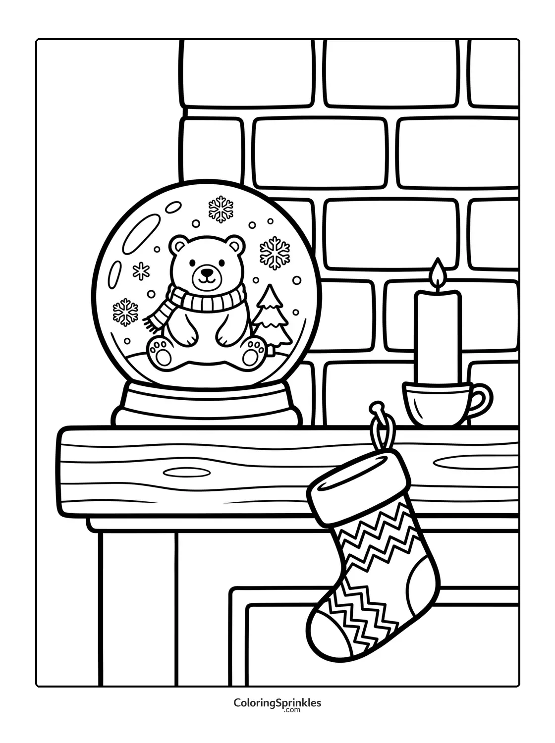 Coloring page of a snow globe with a bear wearing a scarf on a mantel with a stocking and candle